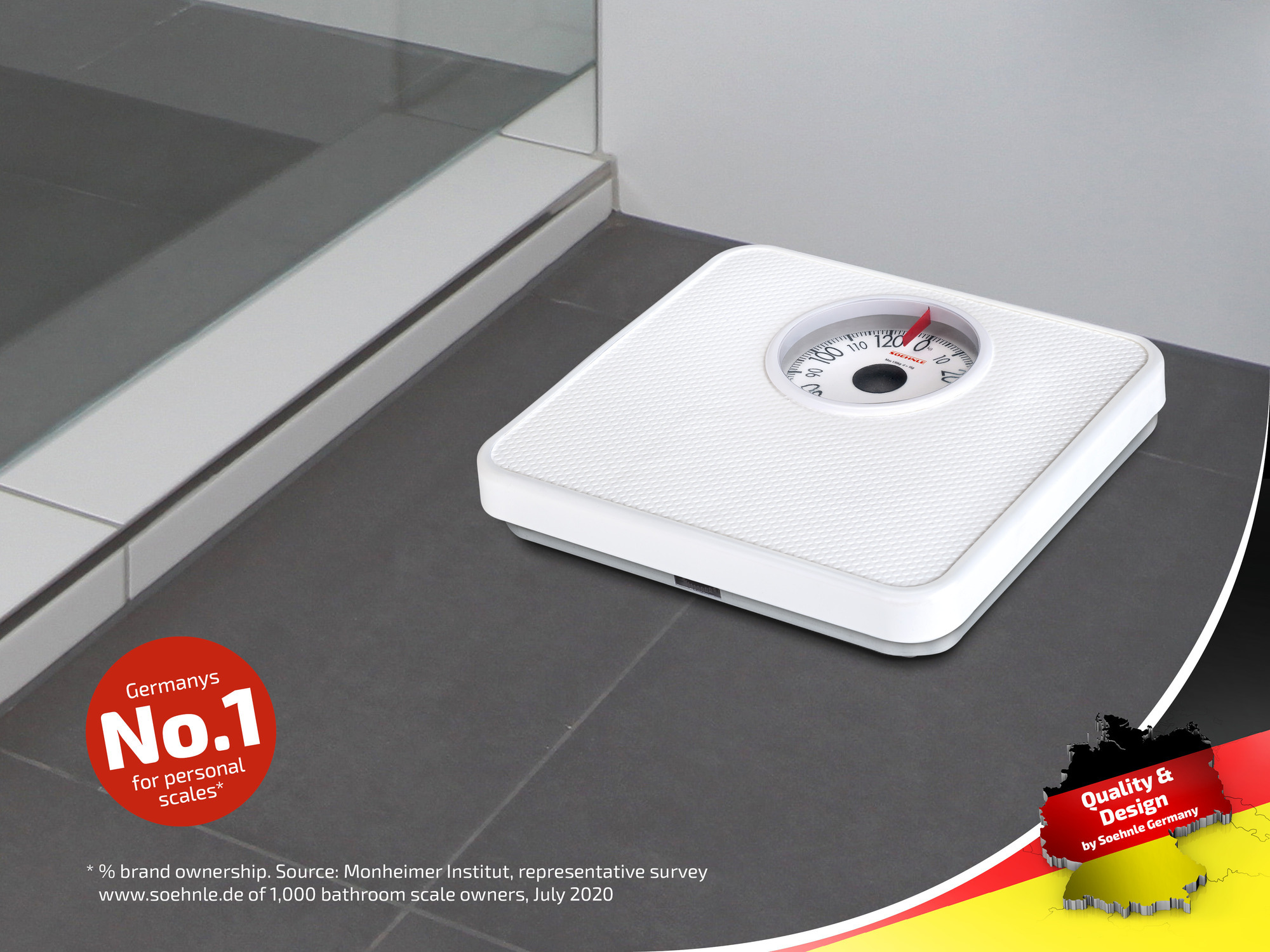 Biała waga łazienkowa na szarej podłodze z płytek. Tekst promuje ją jako nr 1 w Niemczech.