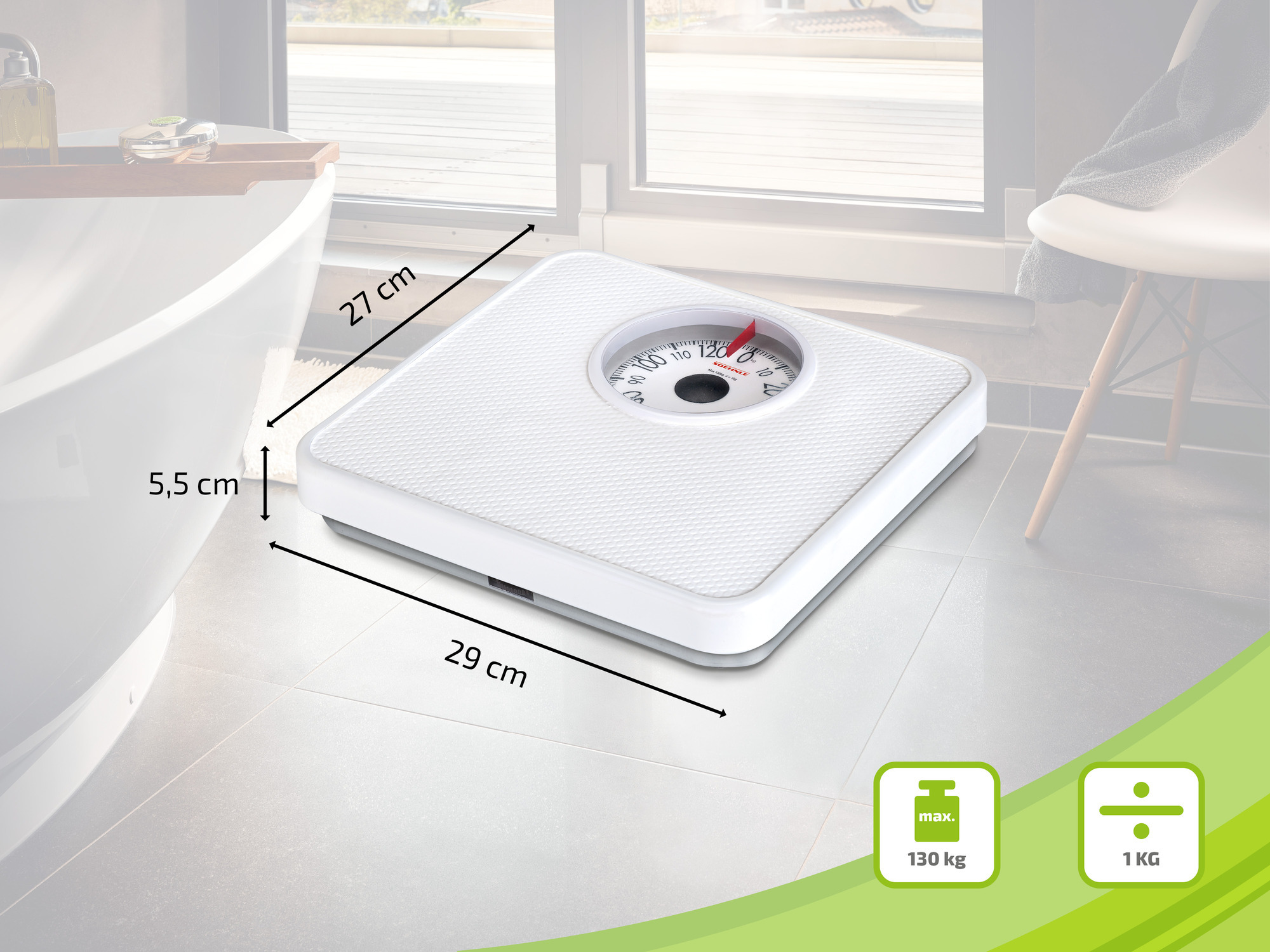 Biała waga na kafelkach. Wymiary są oznaczone na obrazku.