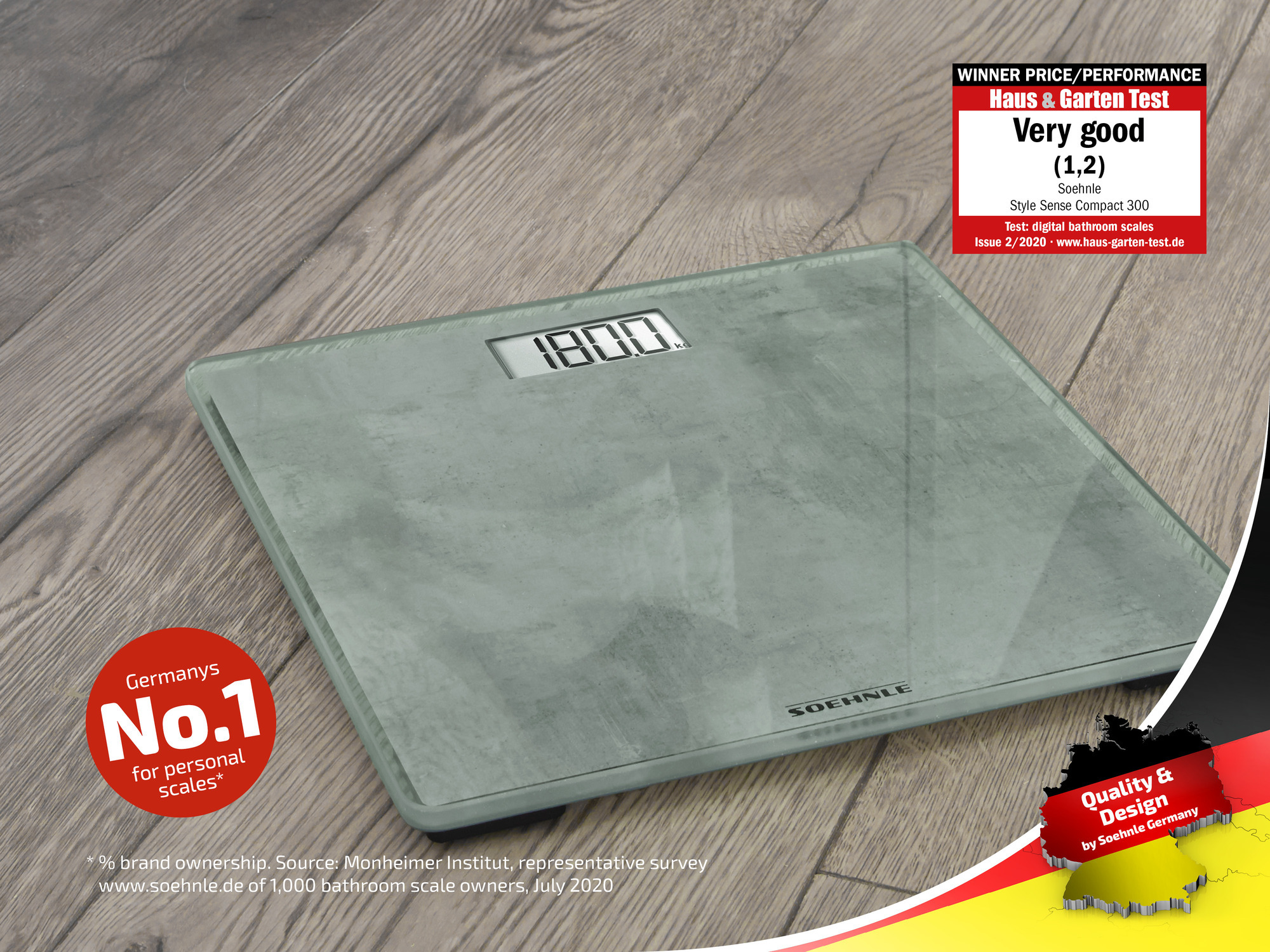 Szara waga łazienkowa z wyświetlaczem cyfrowym, na powierzchni imitującej drewno, z etykietami.