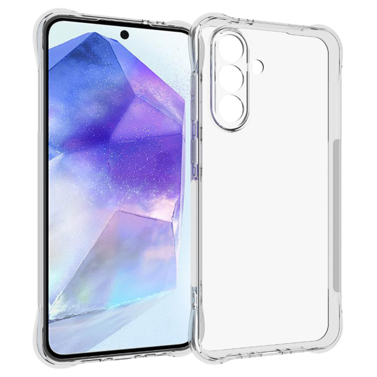 Transparante telefoonhoes op een telefoon. De telefoon heeft een zwart scherm en een drievoudig camerasysteem.