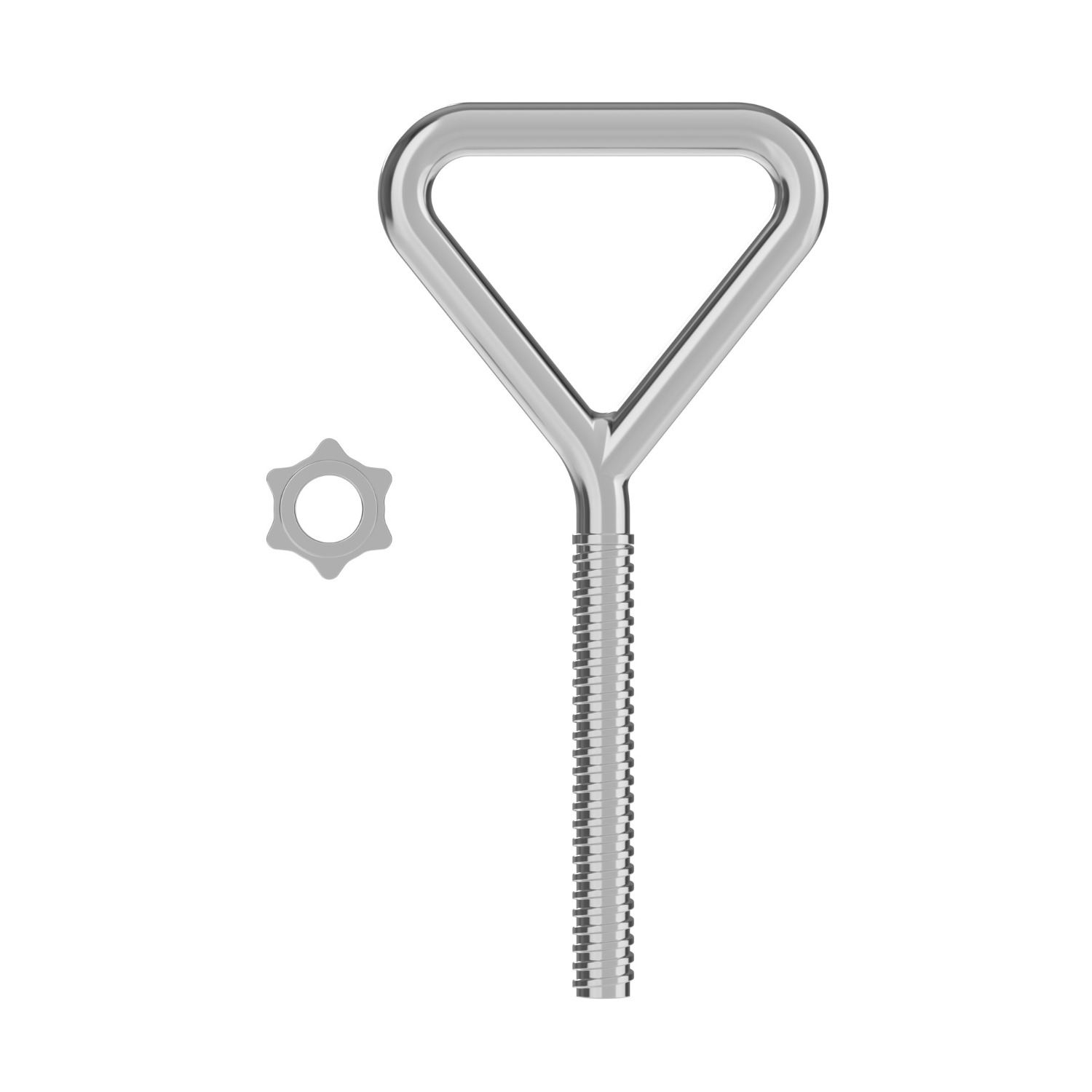 Een zilveren metalen sleutel met een driehoekig handvat en een schroefdraadas, naast een tandwielvormig stuk.