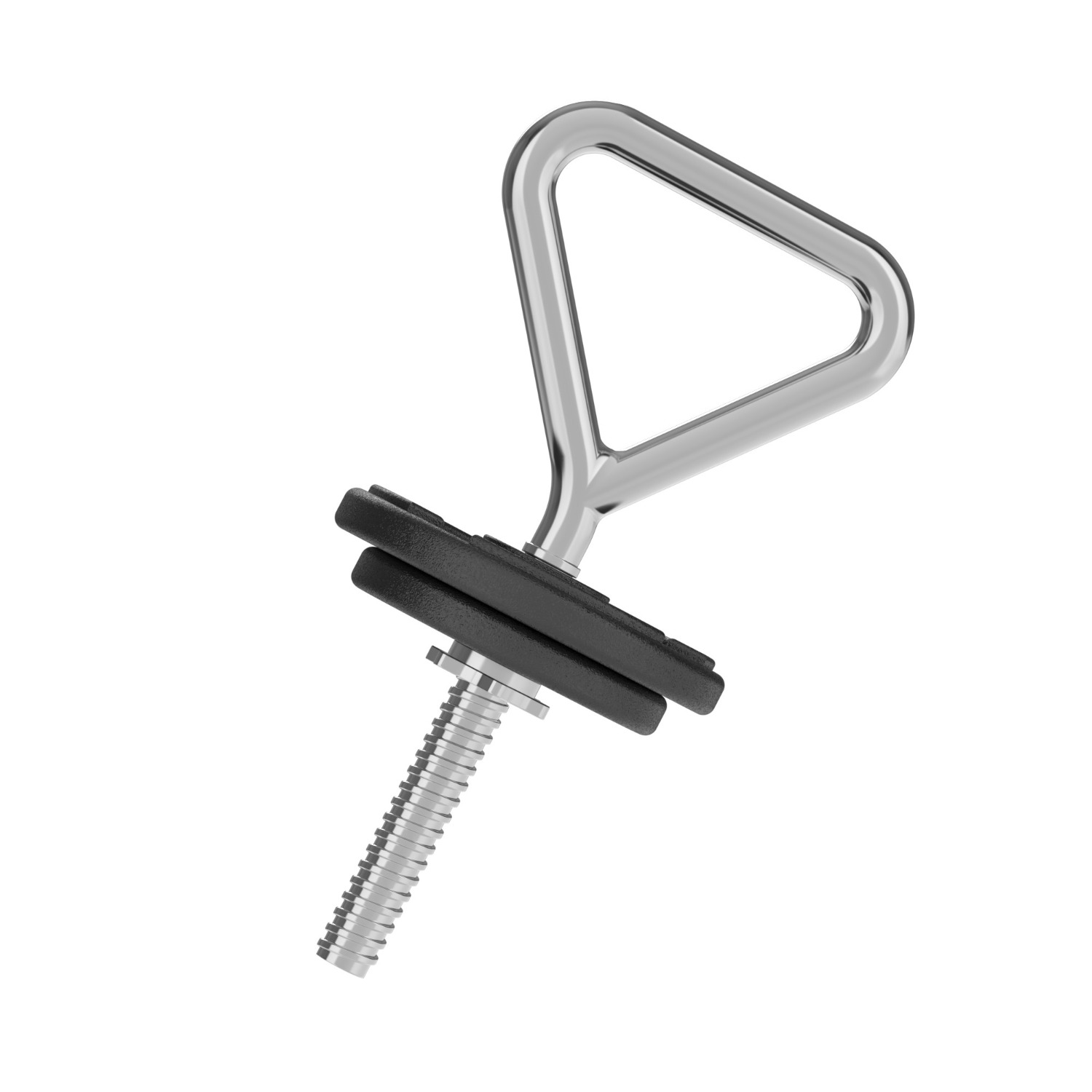 Een zilveren en zwarte halter met een driehoekige handgreep en een schroefdraad.