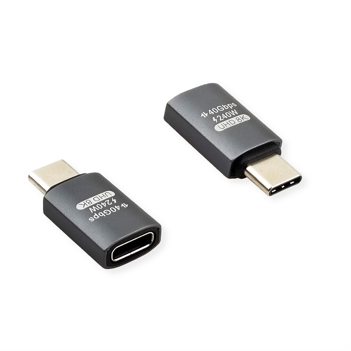 Deux adaptateurs USB-C gris sur fond blanc.
