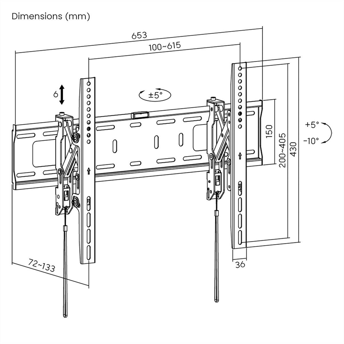 Un diagramma con dimensioni e angoli per montare una TV su sfondo bianco.