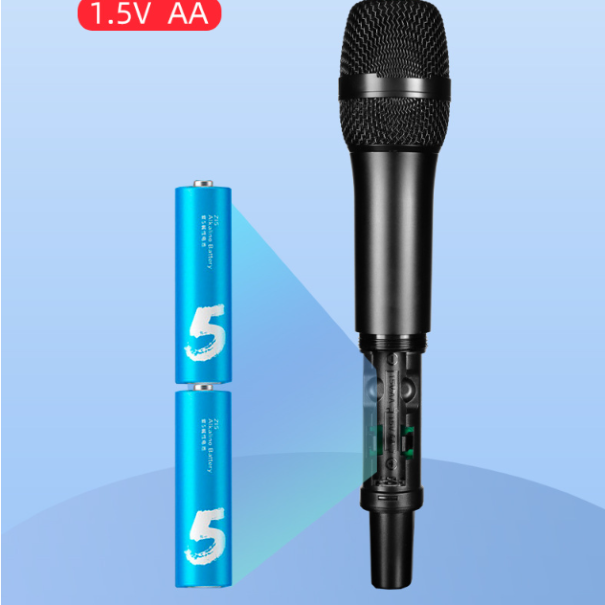 Dwie niebieskie baterie AA i czarny mikrofon. Mikrofon jest częściowo rozebrany.