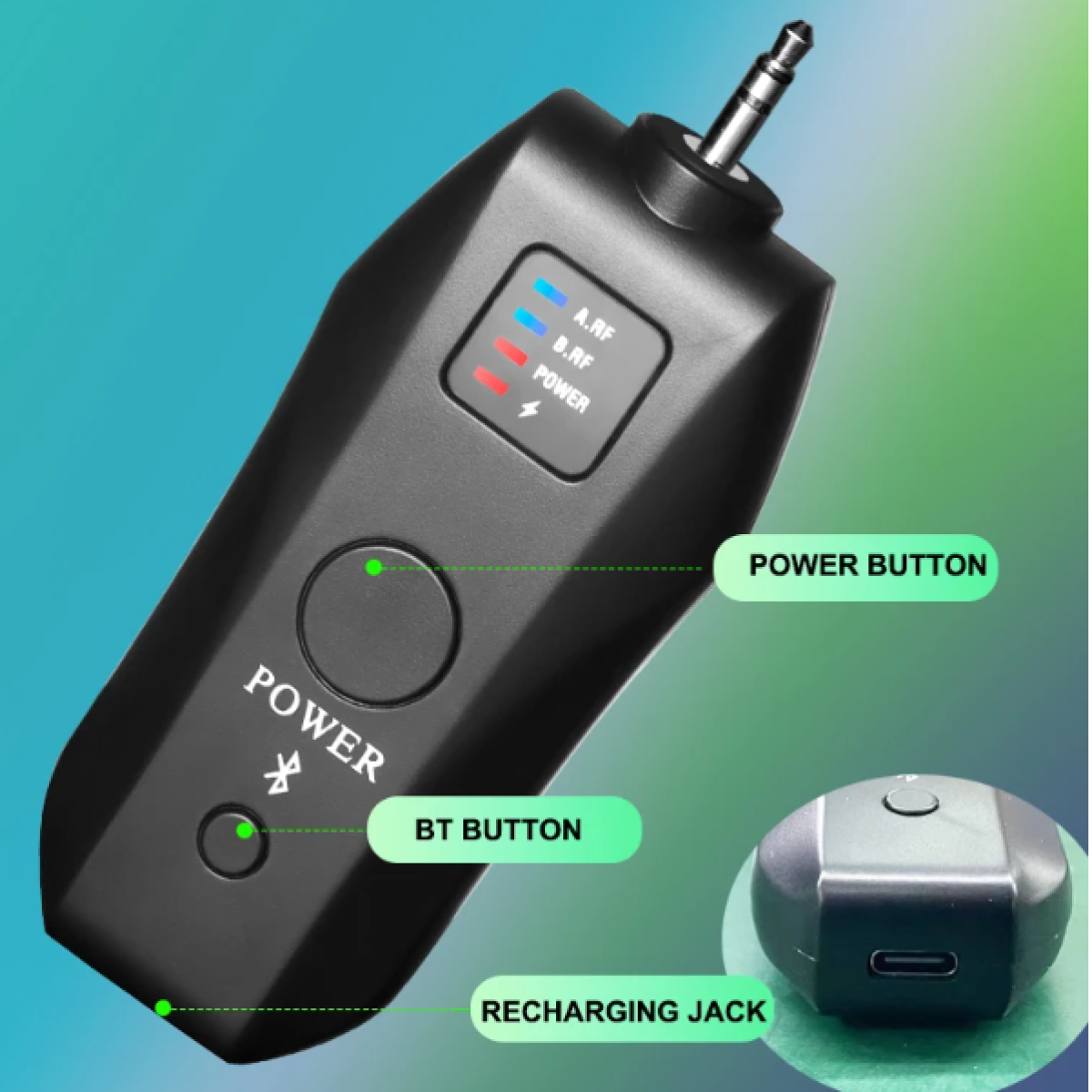 Czarne urządzenie z przyciskami, gniazdem ładowania i audio. Diody LED wskazują stan RF i zasilania.