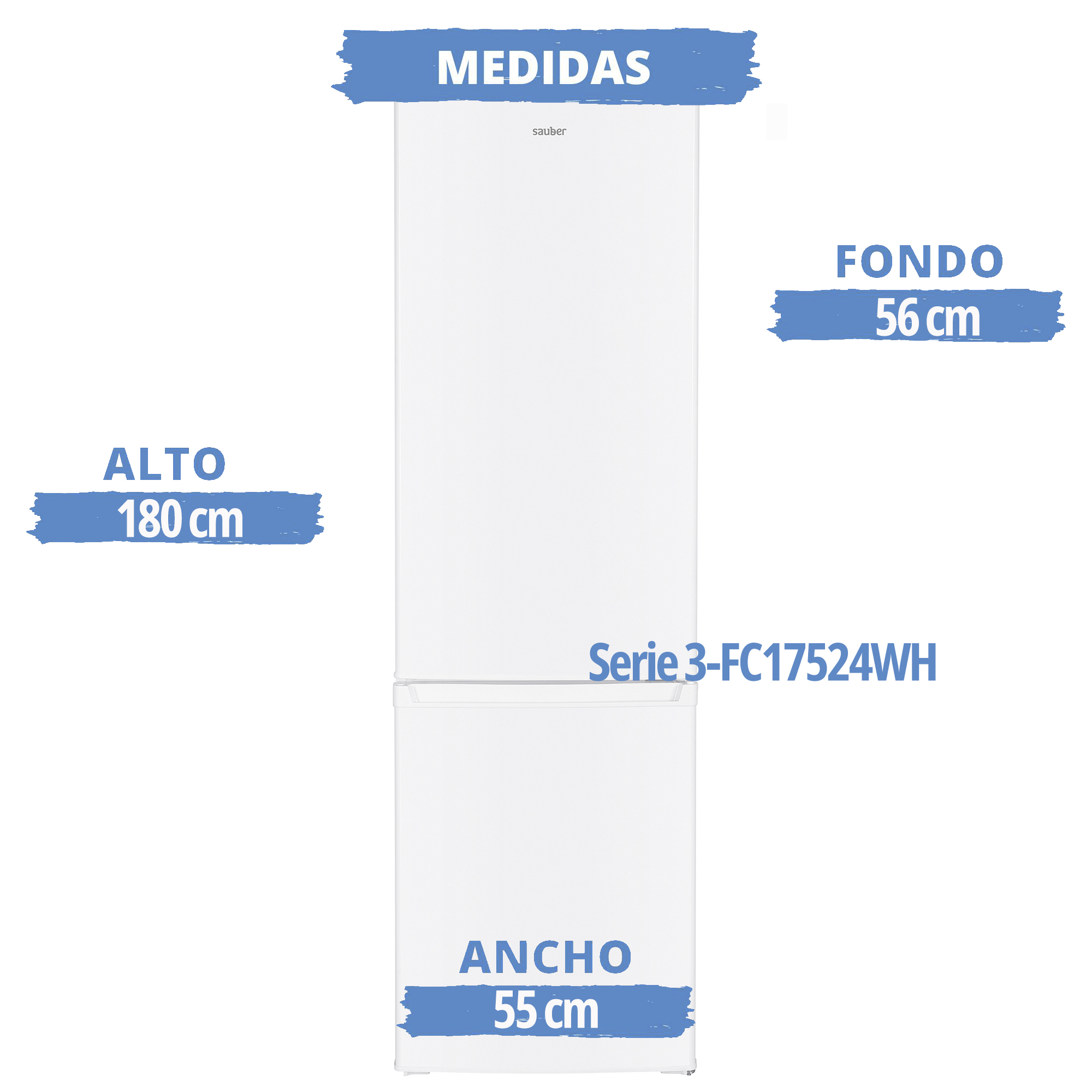 Un refrigerador blanco con medidas en centímetros, etiquetado en español.