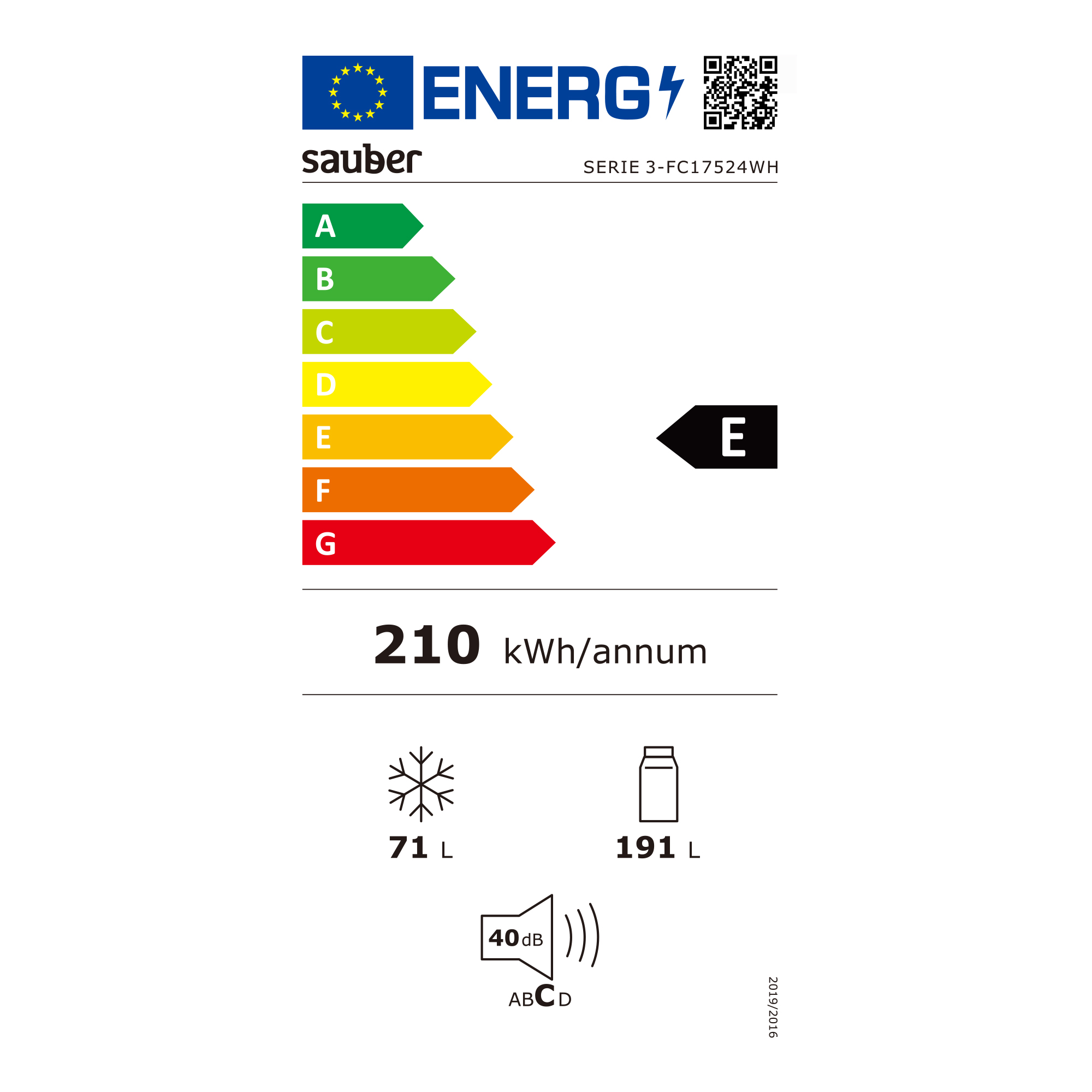 Etiqueta energética con clasificación E y detalles sobre la capacidad del refrigerador.