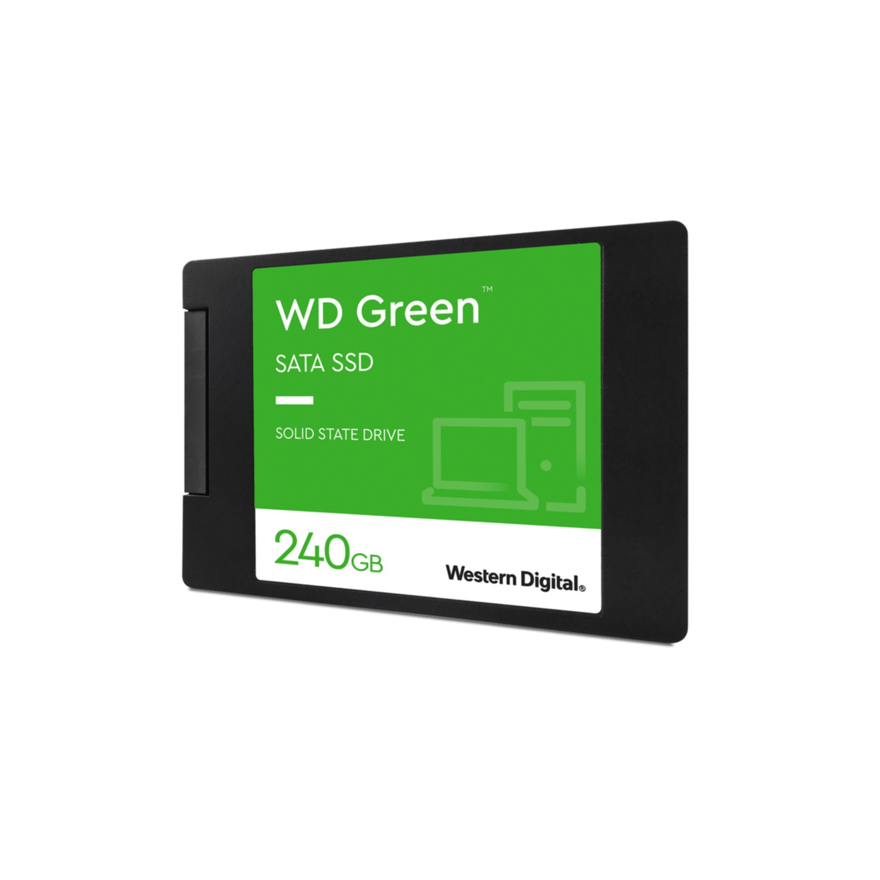 Un'unità SSD SATA WD Green nera e verde. L'immagine mostra l'etichetta dell'unità.