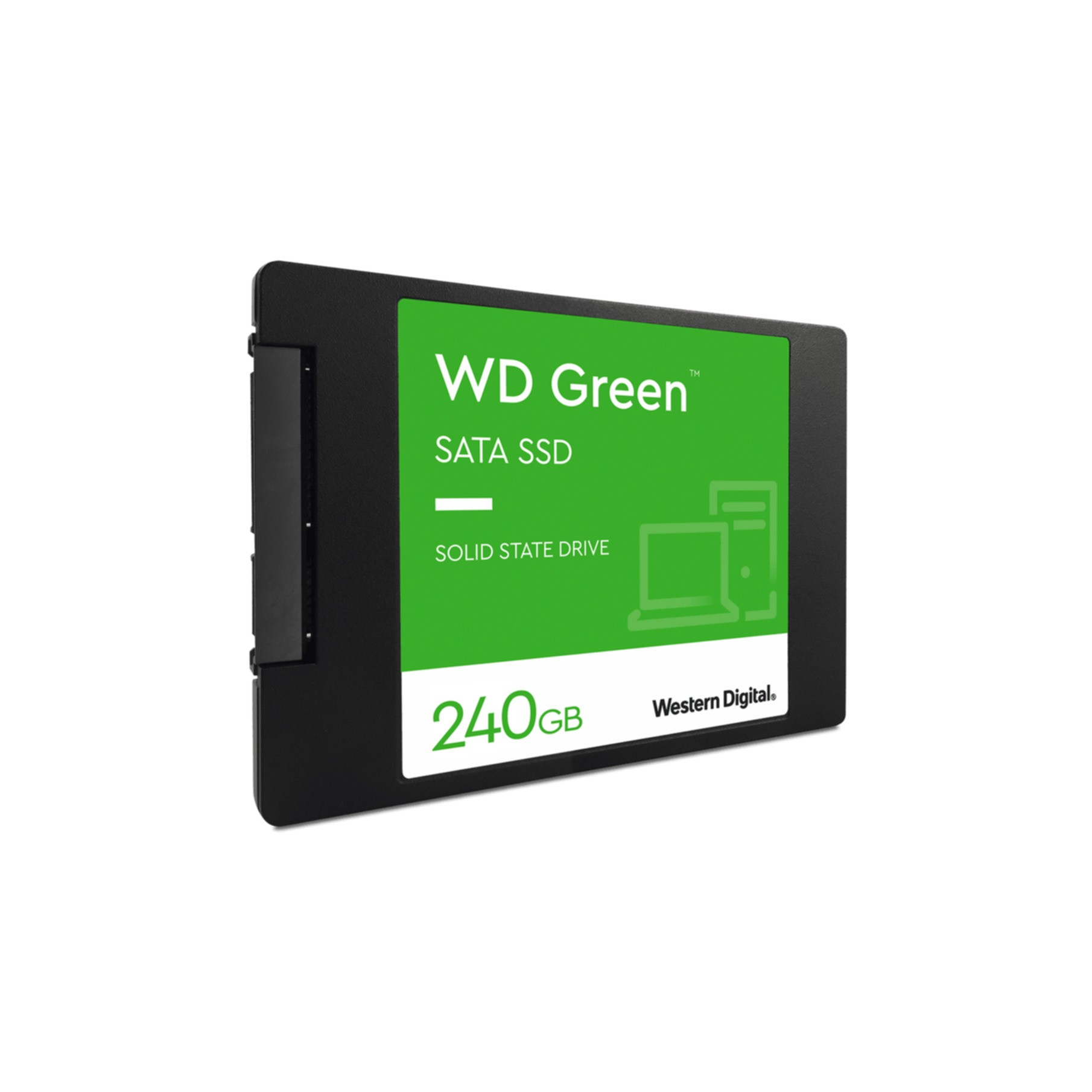 Un SSD SATA WD Green nero con un'etichetta verde e bianca, su sfondo bianco.