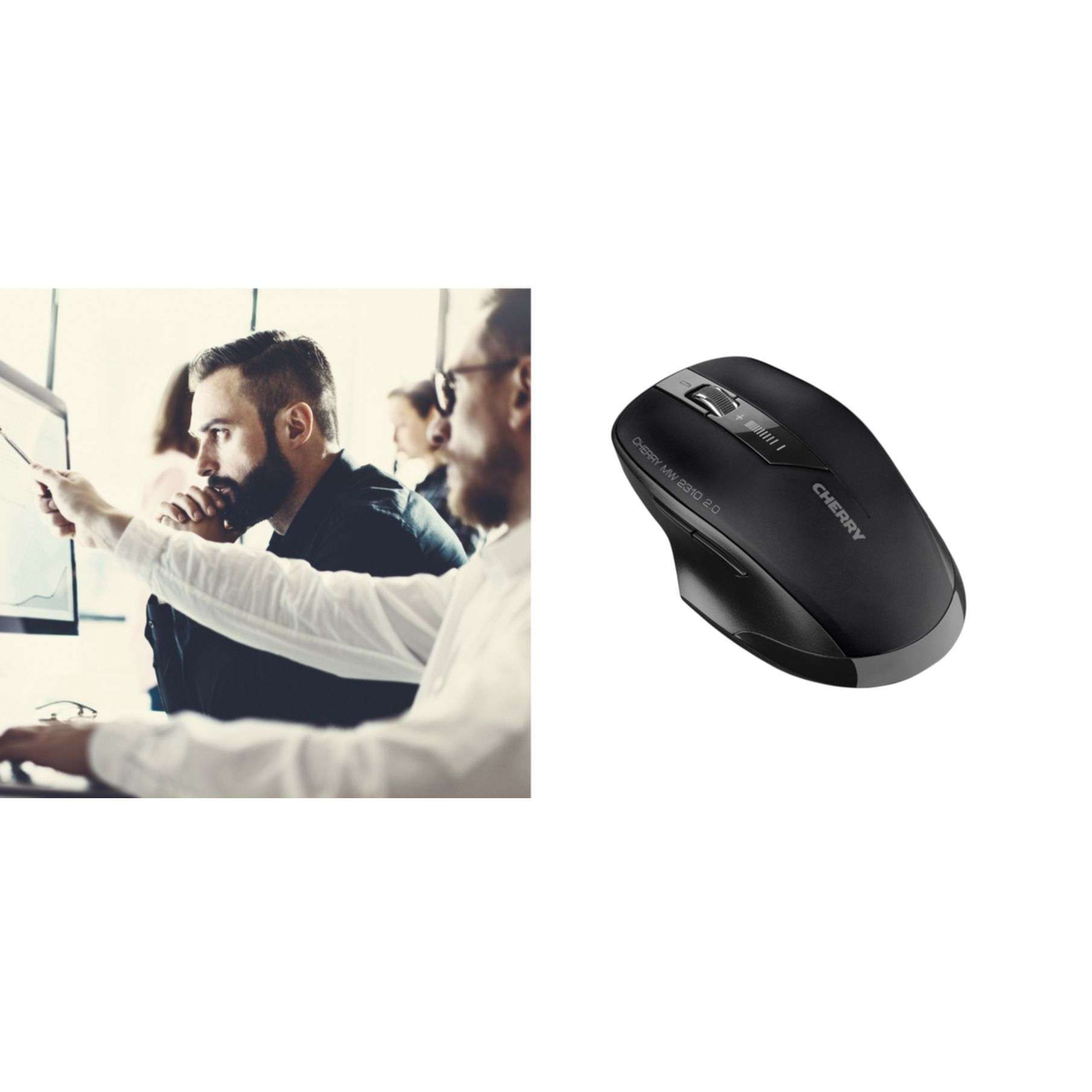 People looking at a computer screen, and a black wireless mouse next to them.
