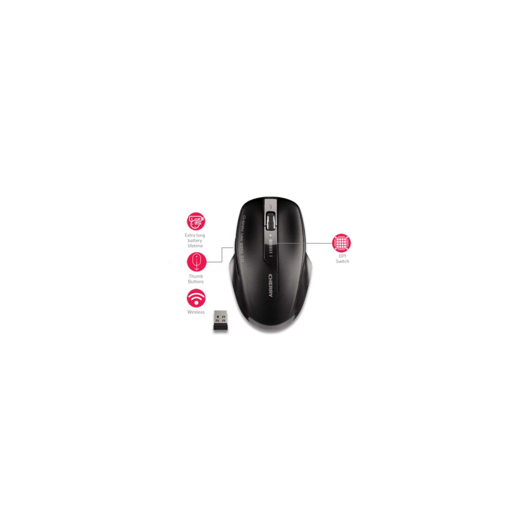 Black wireless mouse with a USB receiver, product features icons visible.