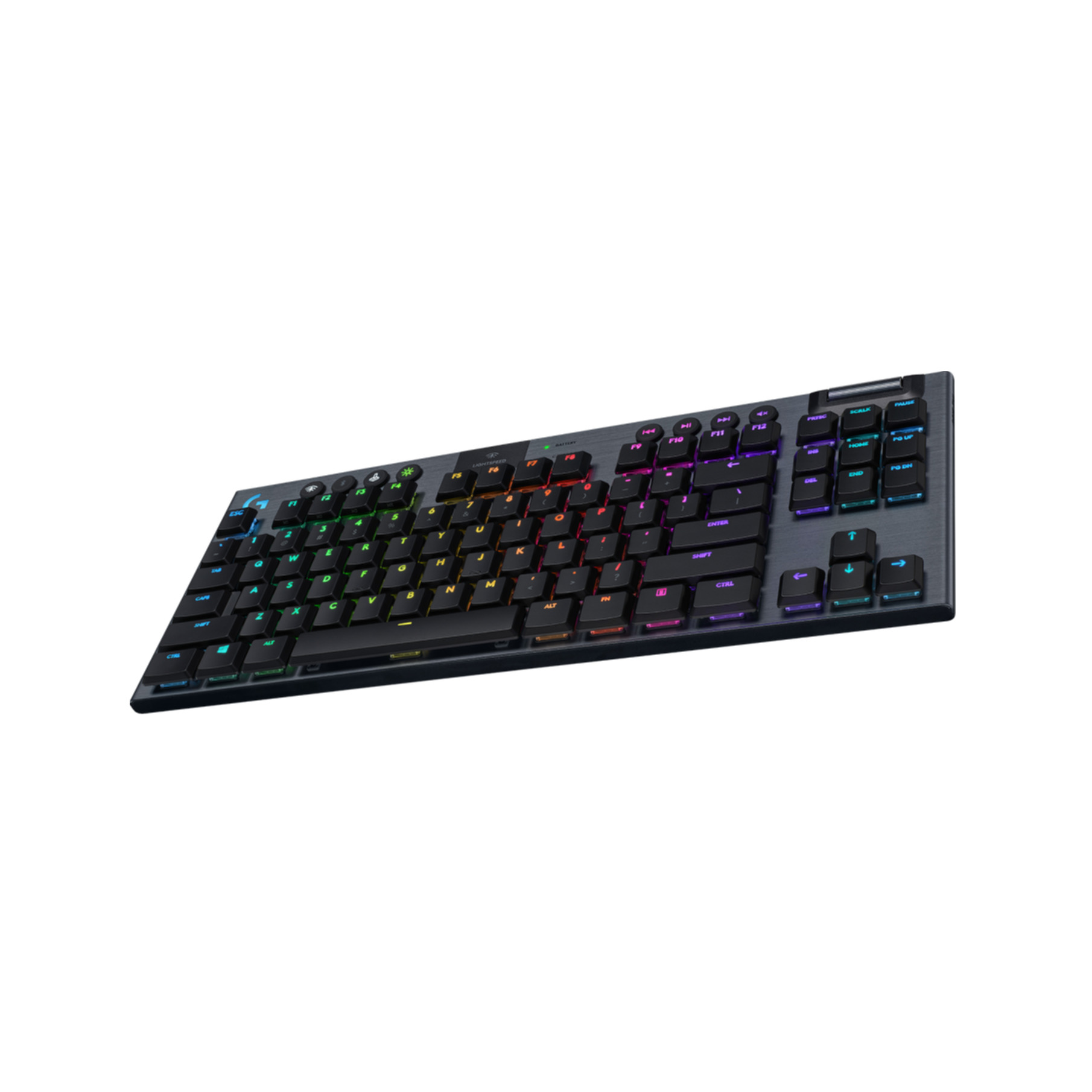 Una tastiera da gioco nera, illuminata con colori arcobaleno, su una superficie bianca.