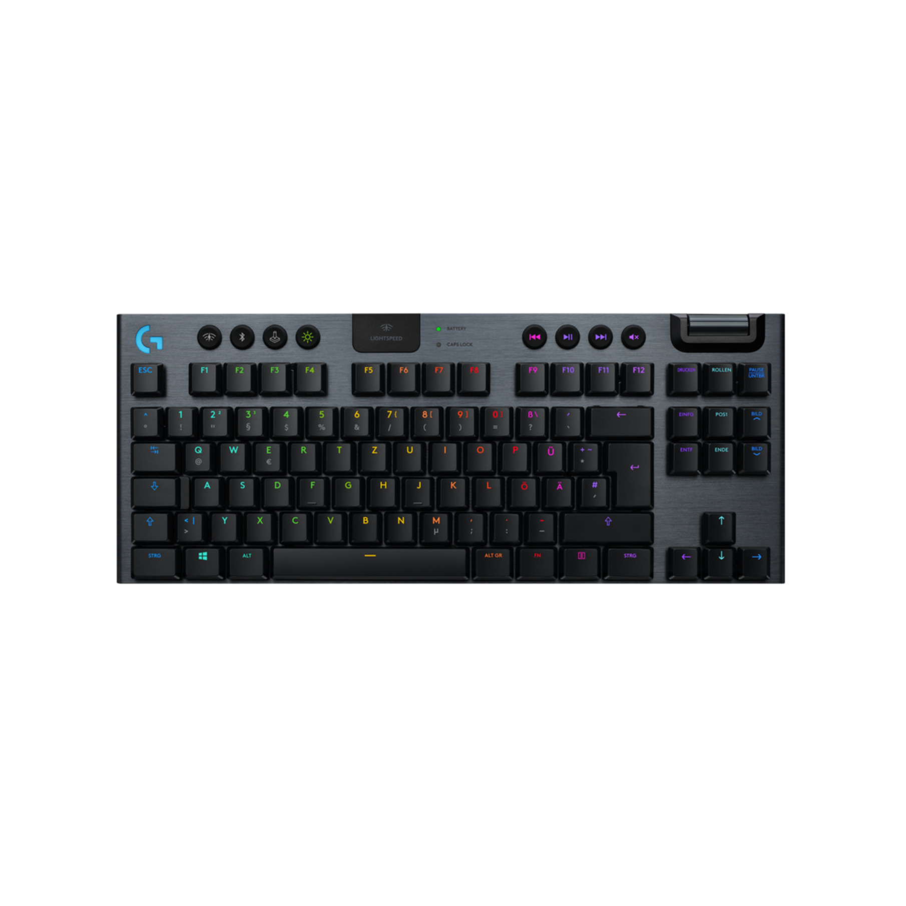 Tastiera nera con tasti blu, bianchi e viola. C'è un logo Logitech in alto.