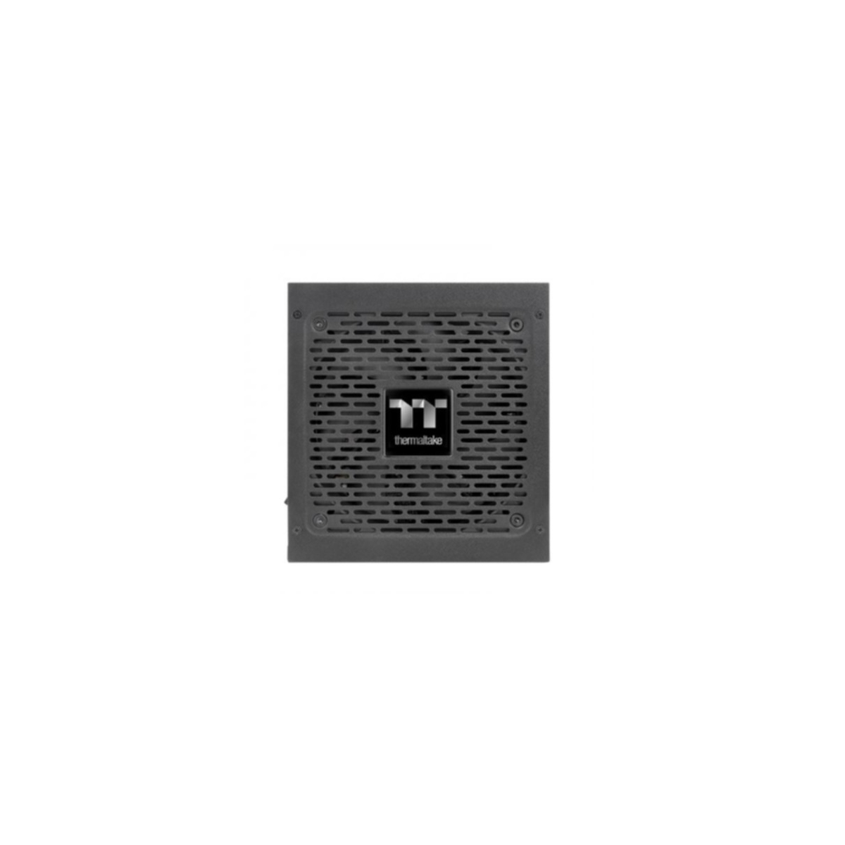 Ciemnoszary zasilacz komputerowy, z kratką i logo Thermaltake.