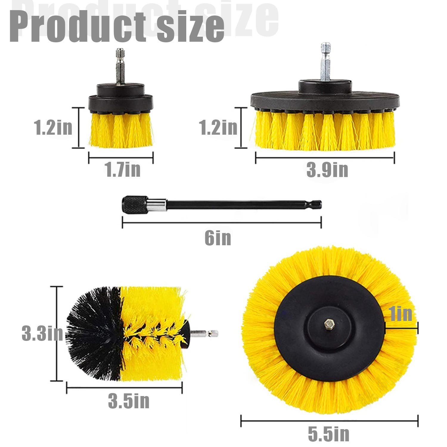 Sortiment von Bürstenaufsätzen für einen Bohrer, einschließlich runder und abgewinkelter Designs, mit Maßen.