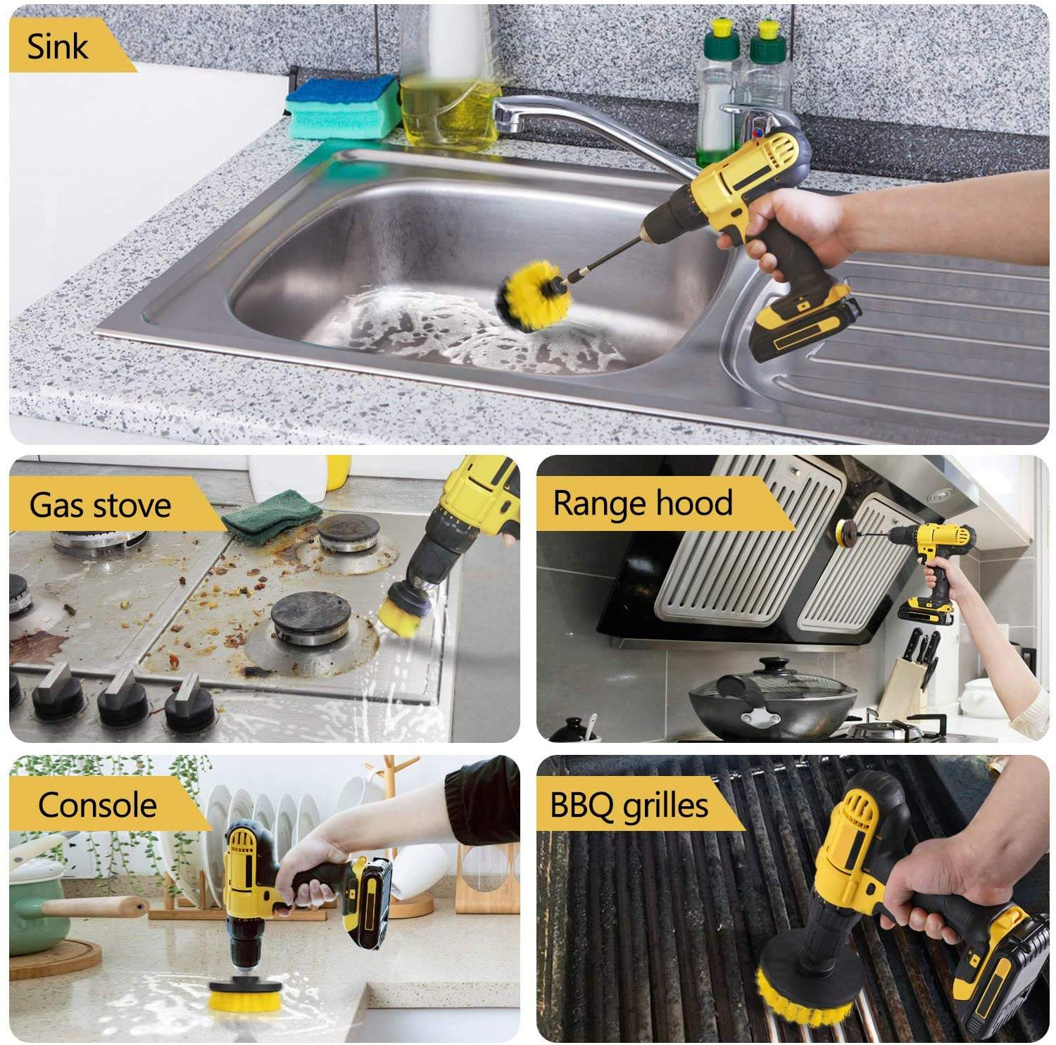 Eine Collage zeigt einen gelben Bohrer mit Bürstenköpfen, die ein Waschbecken, einen Herd, eine Dunstabzugshaube, eine Konsole und BBQ-Grills reinigen.