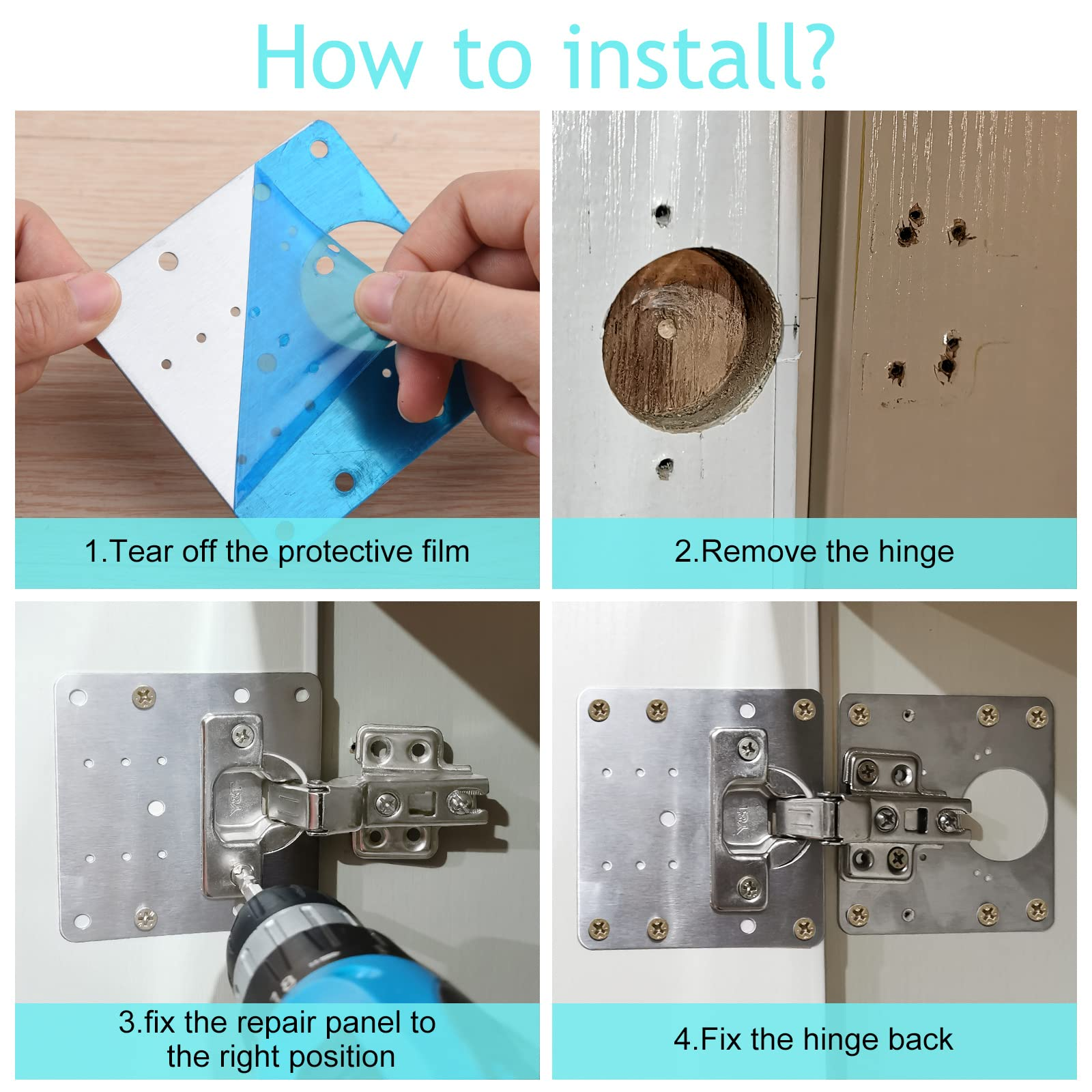 Quattro immagini che mostrano i passaggi per l'installazione di una cerniera su una porta. Testo sull'immagine.
