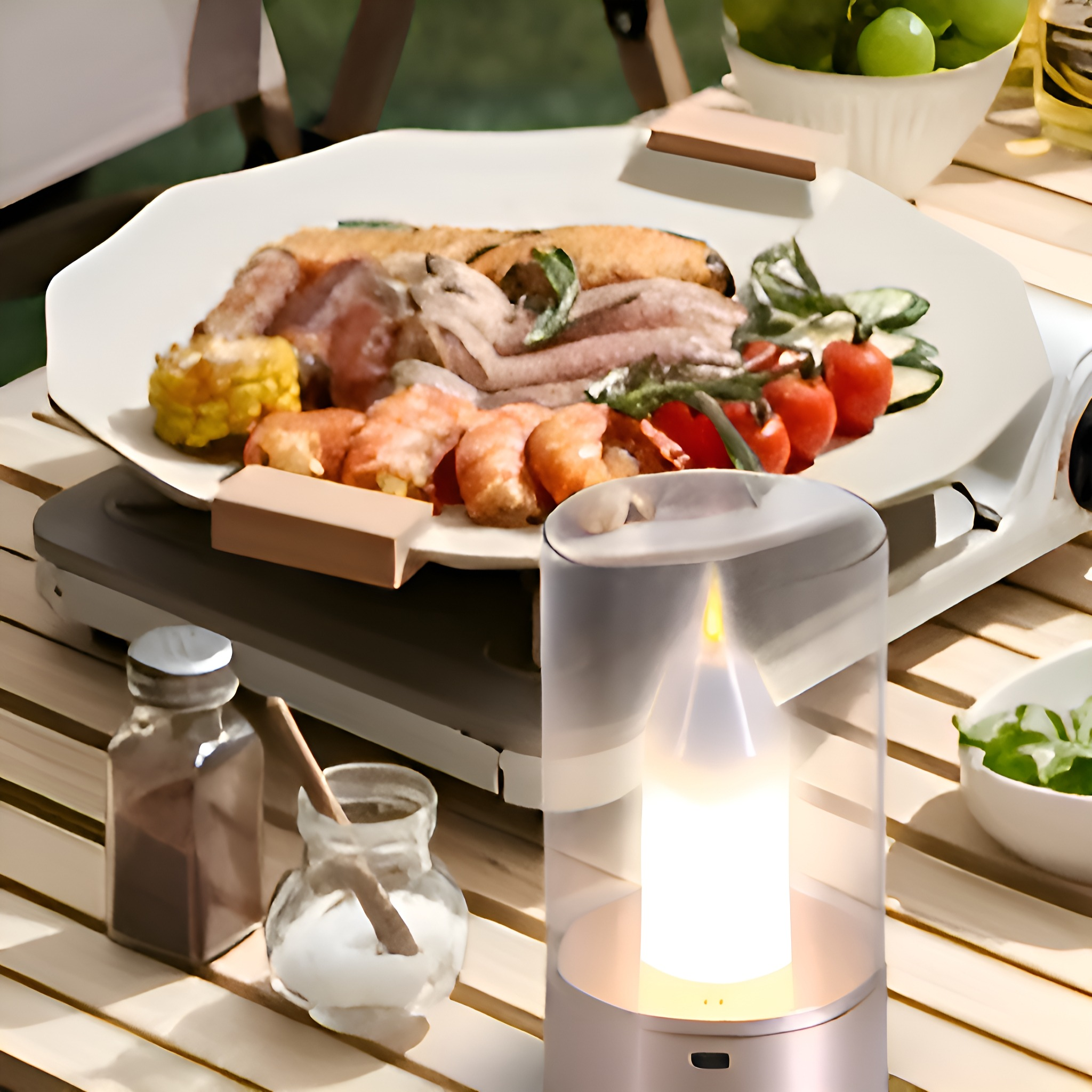 Outdoor-Grill-Setup: Gegrilltes Essen auf einem Teller, Gemüse und eine beleuchtete Laterne auf einem Holztisch.
