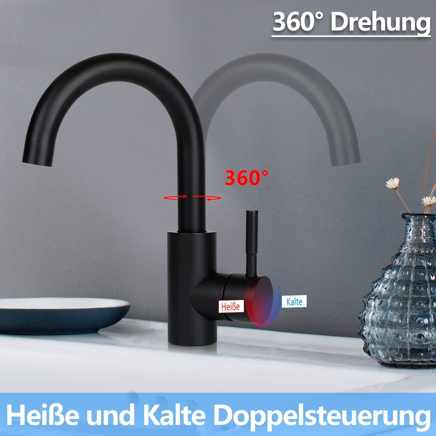 Schwarze Küchenarmatur mit roten und blauen Anzeigen für heißes und kaltes Wasser. Pfeile zeigen 360° Drehung.