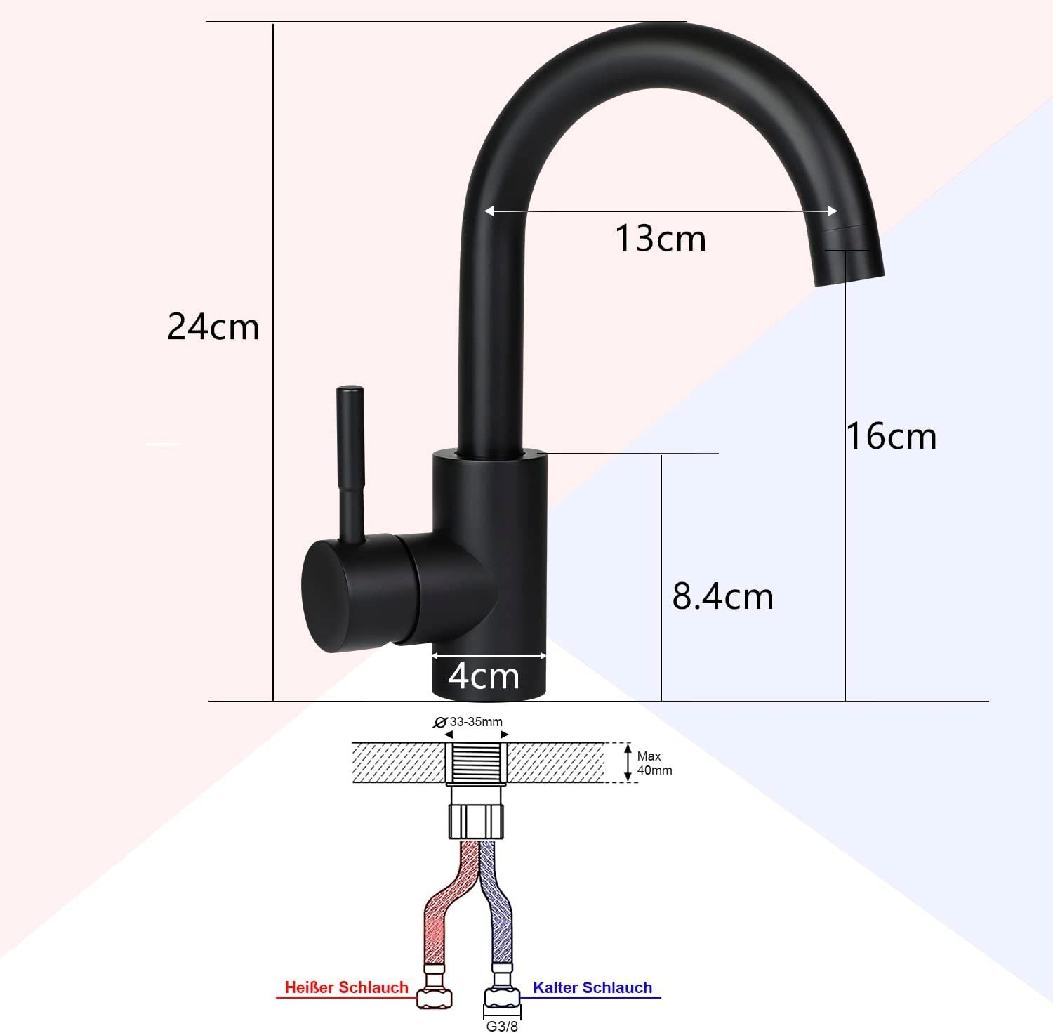 Eine schwarze Küchenarmatur mit beschrifteten Abmessungen, einschließlich Wasserleitungen.