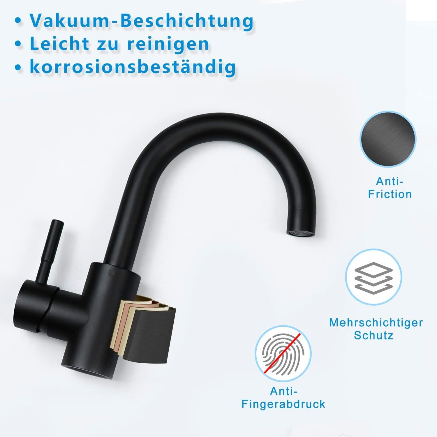 Schwarze Küchenarmatur mit Designdetails und Text zur Beschreibung der Eigenschaften.