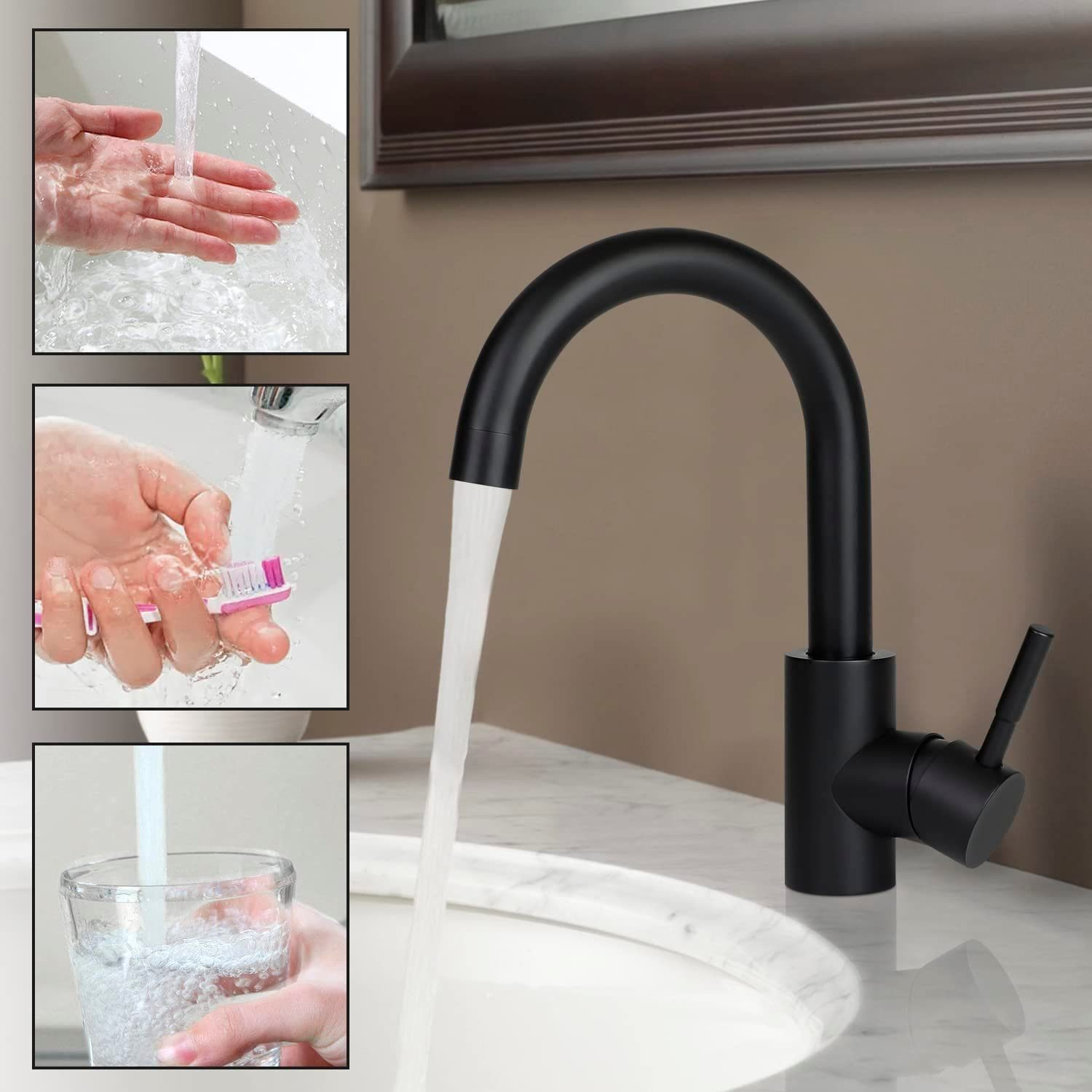 Ein schwarzer Wasserhahn mit fließendem Wasser, mit Bildern von Händewaschen, Zähneputzen und dem Befüllen eines Glases.