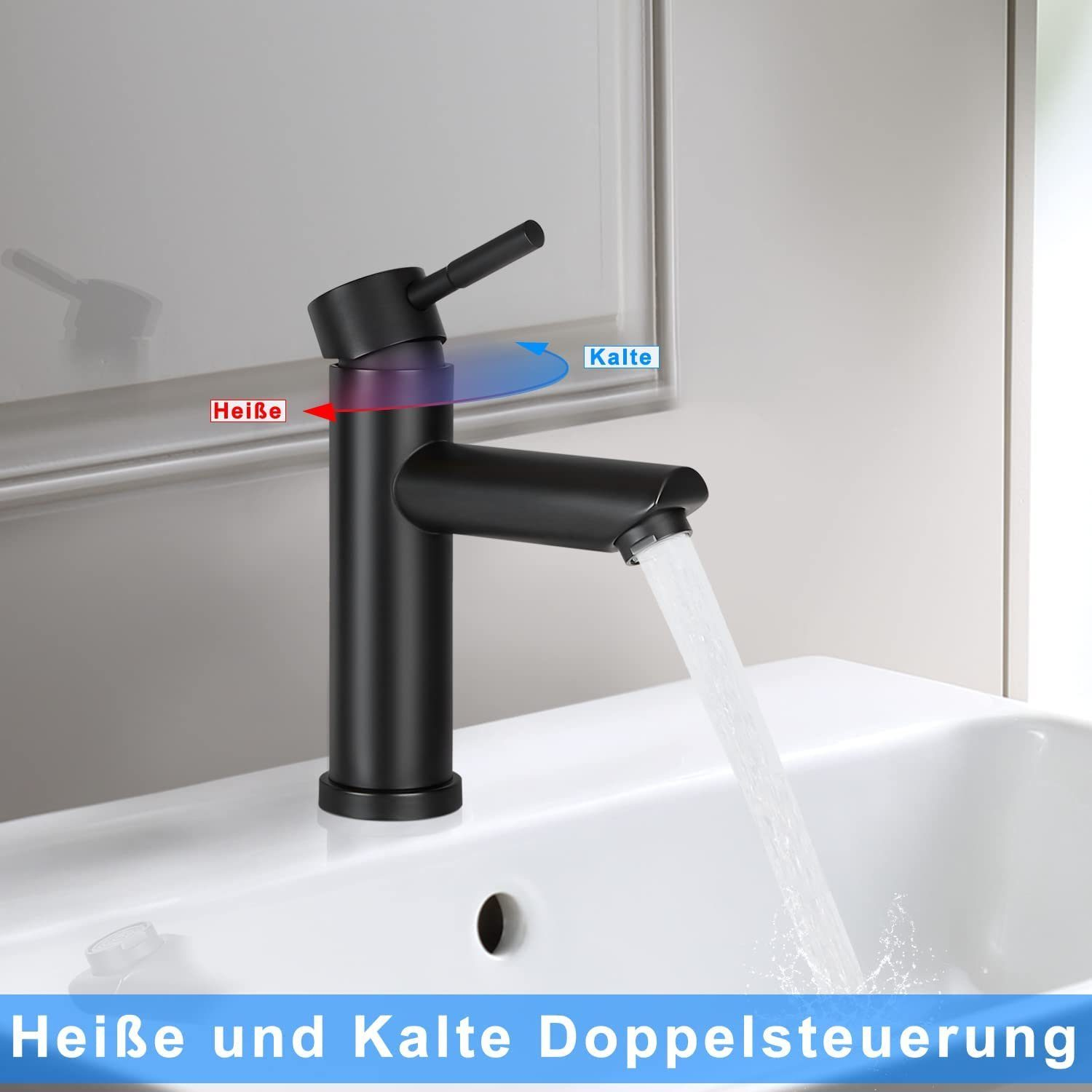 Schwarzer Wasserhahn mit fließendem Wasser. Roter Pfeil zeigt auf „Heisse“, blau auf „Kalte“ für Heiß- und Kaltsteuerung.