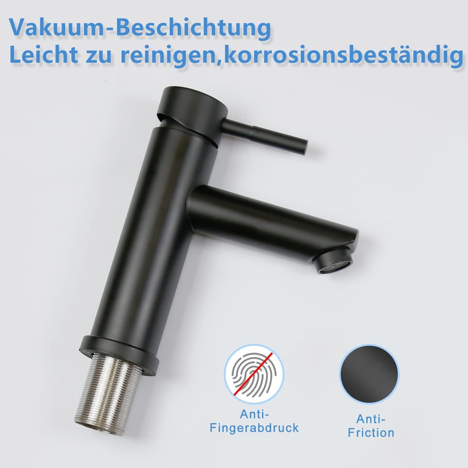 Schwarzer Wasserhahn, mit zwei Symbolen, die Anti-Fingerabdruck und Anti-Reibung anzeigen.