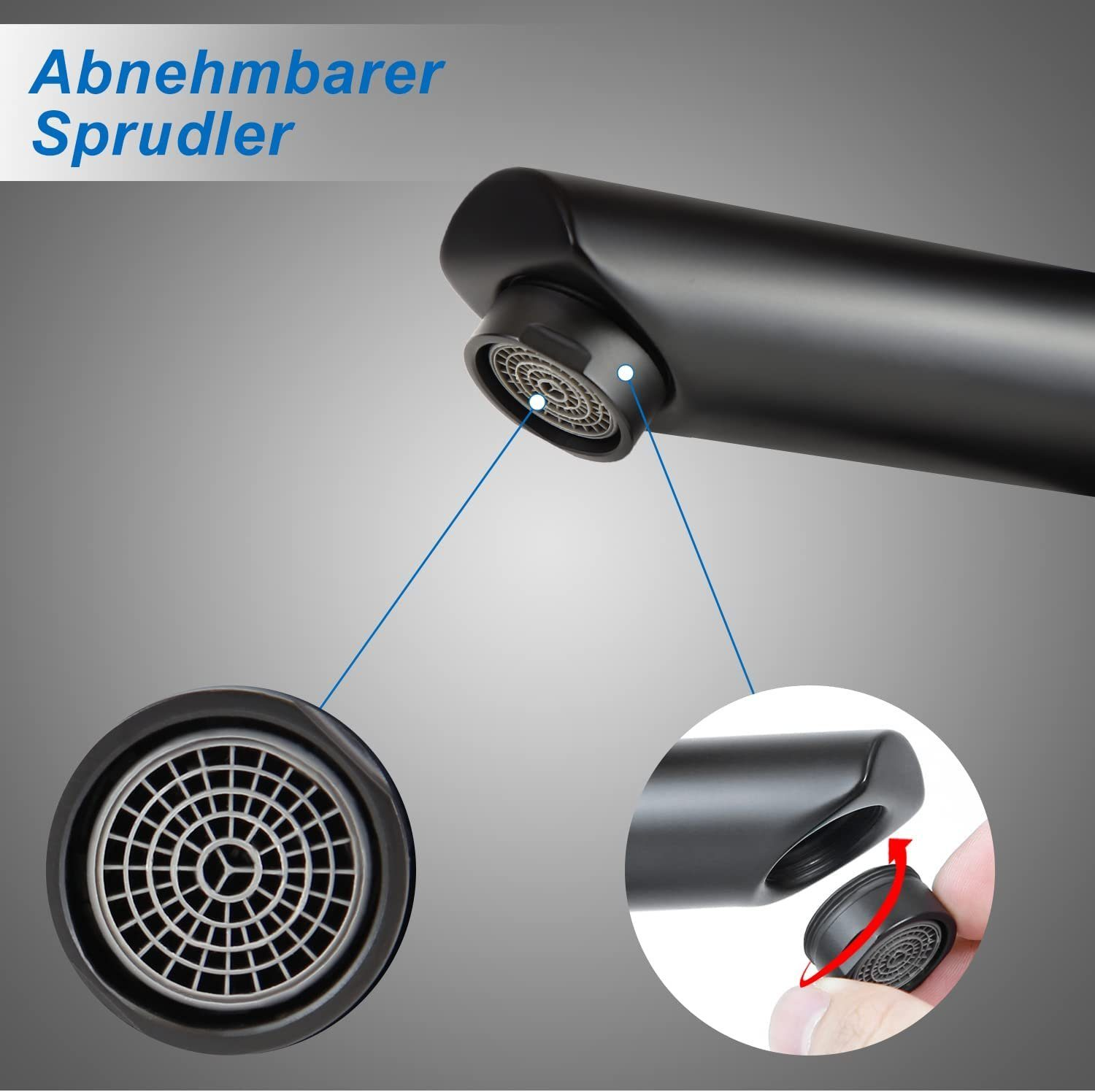 Ein schwarzer Wasserhahn mit Nahaufnahme des abnehmbaren Strahlreglers und einer Hand, die ihn entfernt.