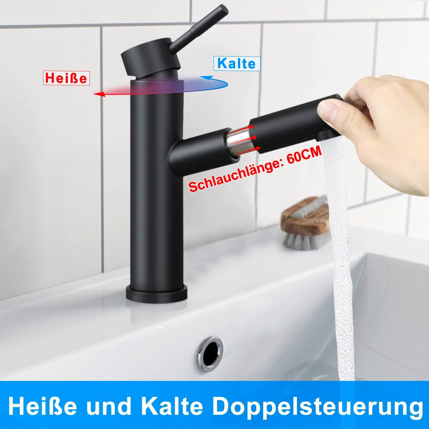 Eine schwarze Küchenarmatur mit roten und blauen Pfeilen, die heißes und kaltes Wasser anzeigen, auf einem weißen Waschbecken.