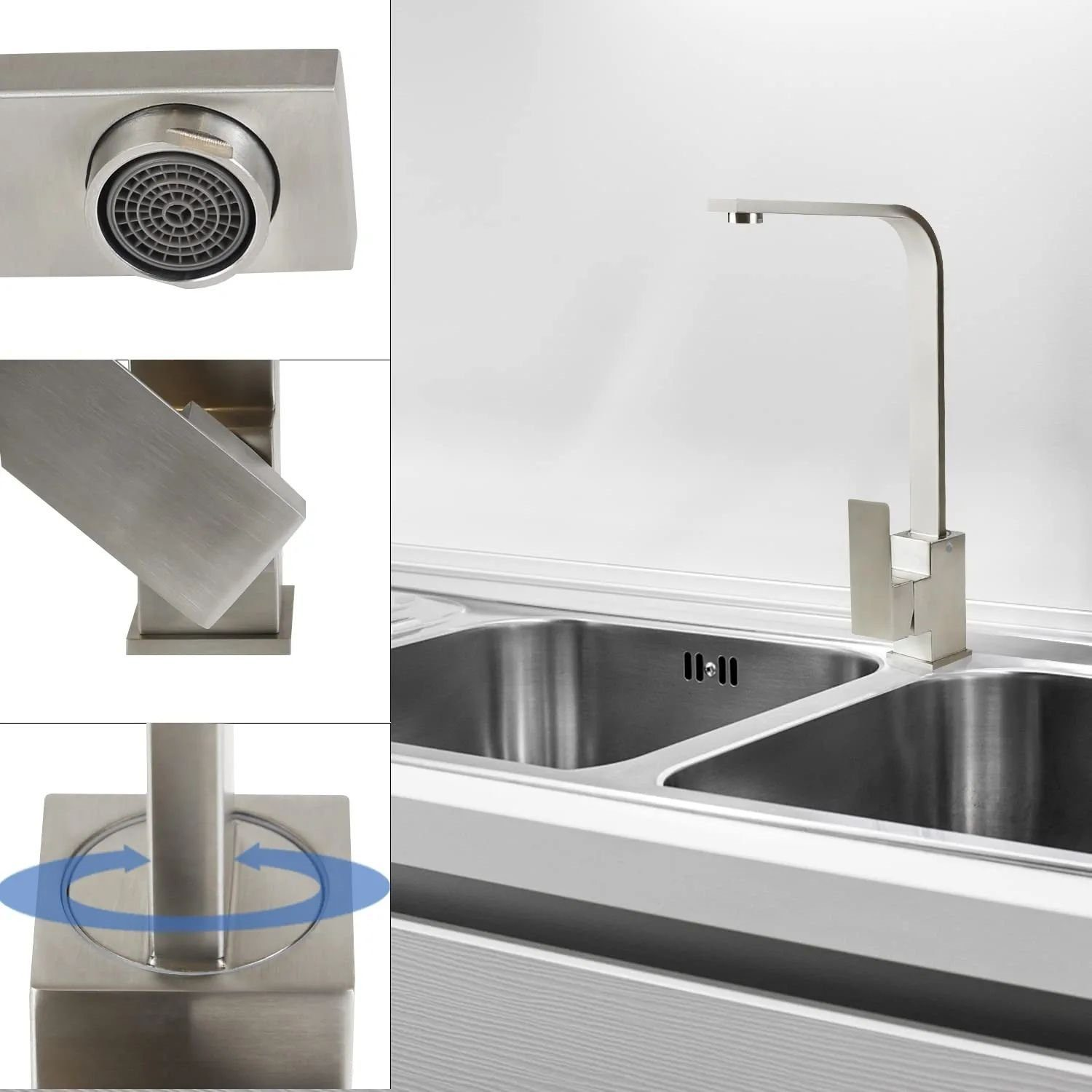 Nahaufnahmen eines silbernen Wasserhahns. Details des Ausgusses, der Oberseite und des Sockels sind sichtbar.