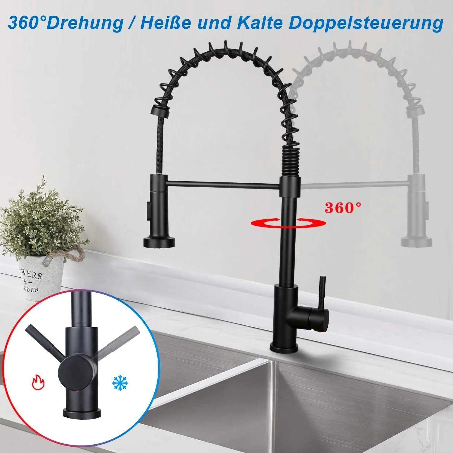 Eine schwarze Küchenarmatur mit 360° Schwenkfunktion und dualen Warm-/Kalt-Steuerungssymbolen.