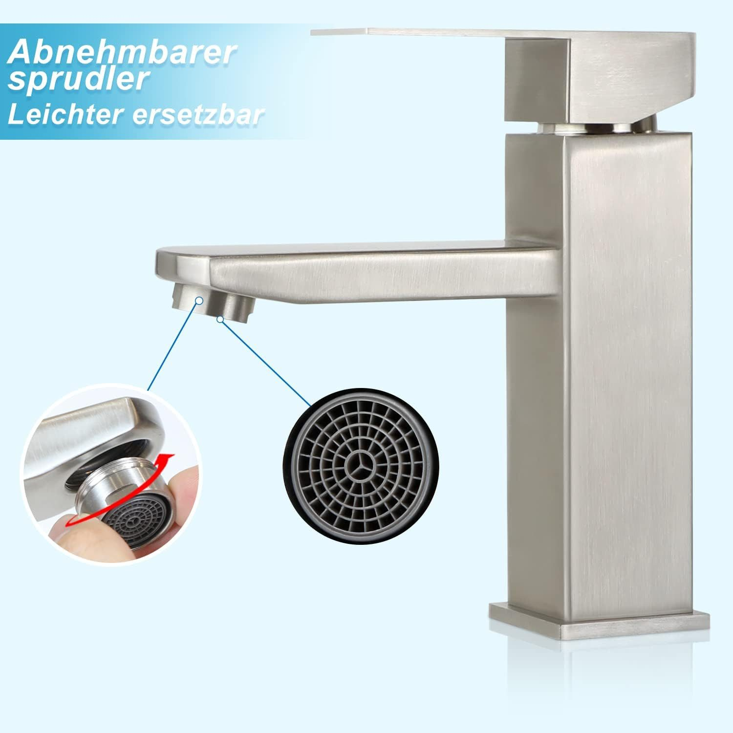 Silberner Wasserhahn mit abnehmbarem Strahlregler, Nahaufnahme zeigt Details.