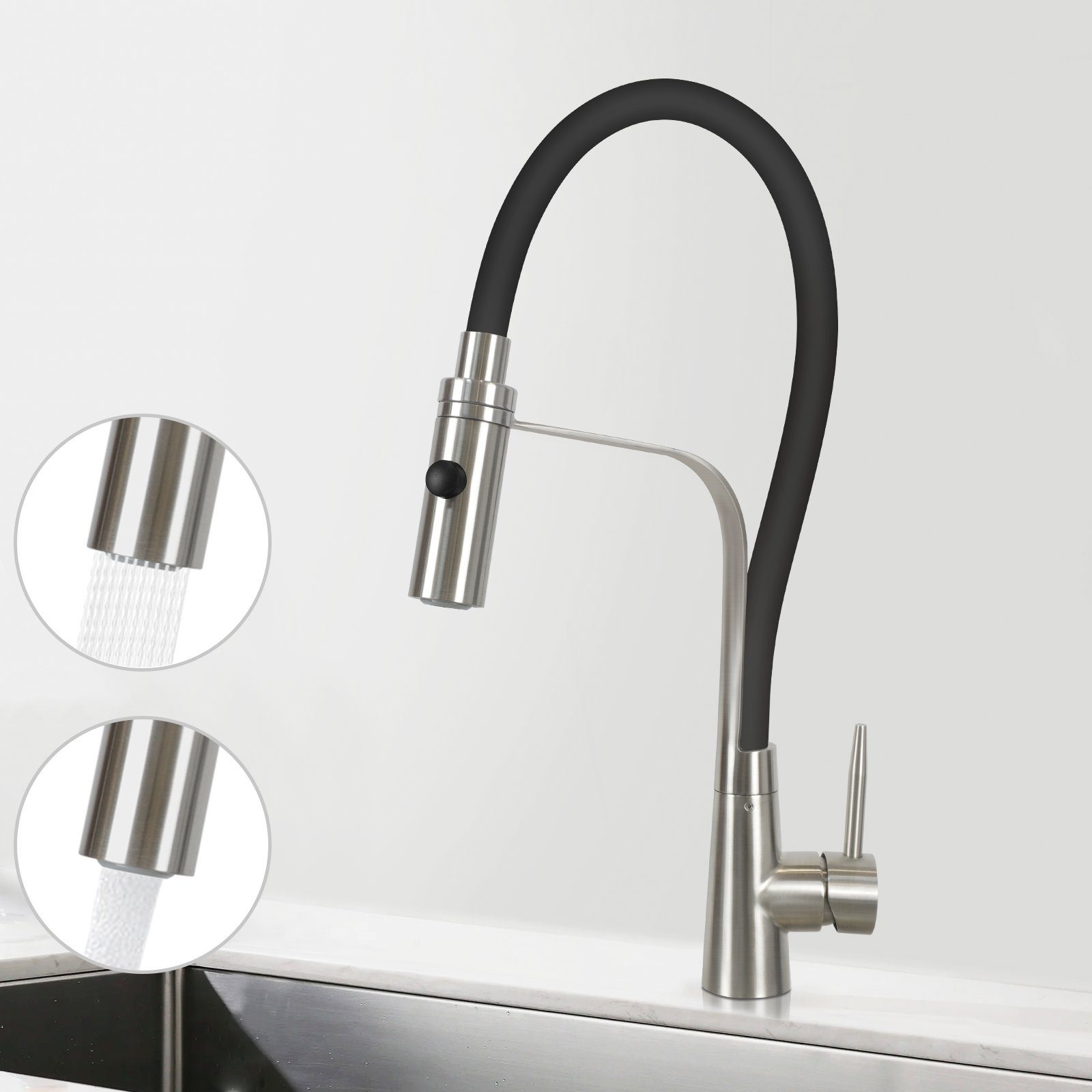 Nowoczesna bateria kuchenna z wyciąganą głowicą natryskową.
