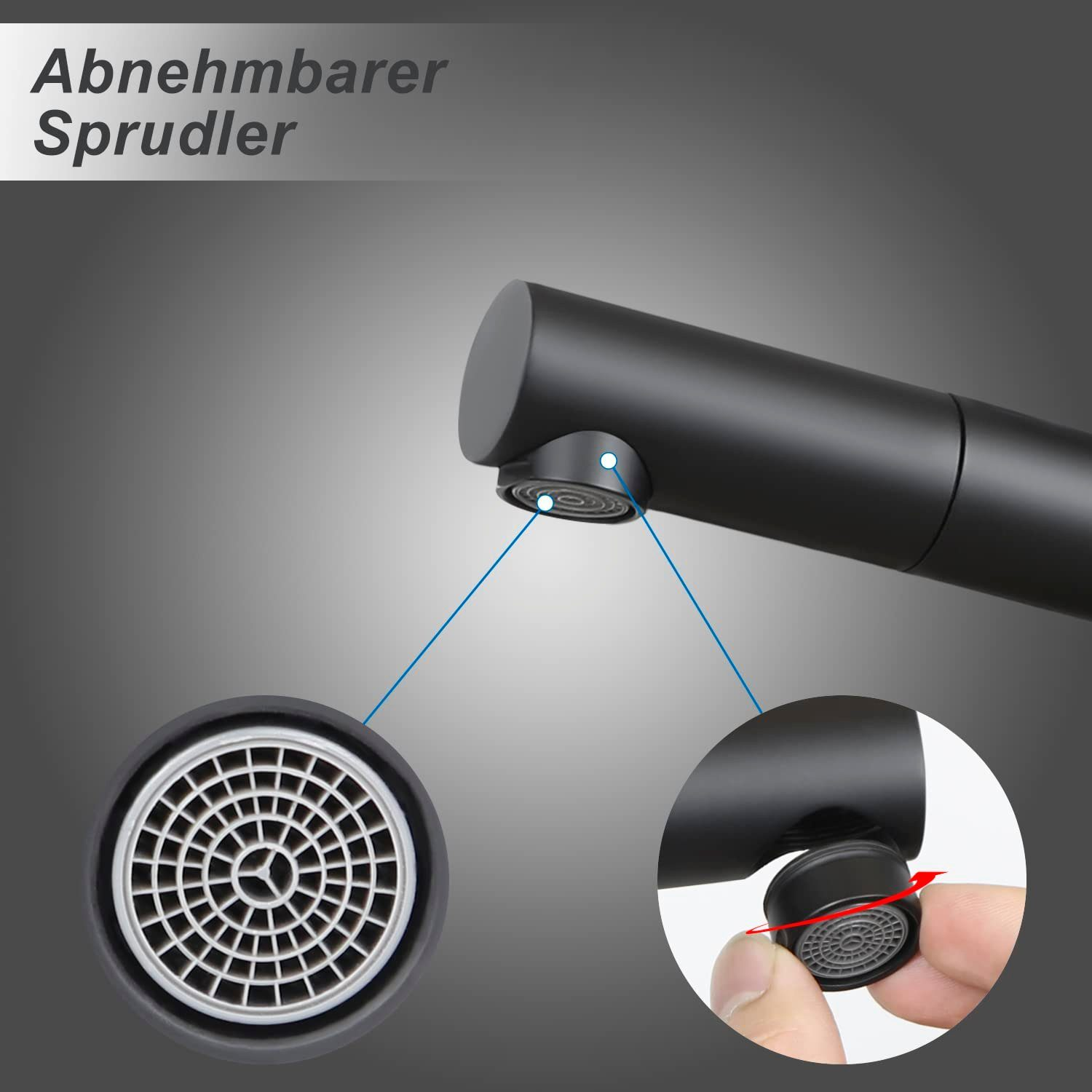 Nahaufnahme des Belüfters des schwarzen Wasserhahns, mit Diagrammen, die den abnehmbaren Belüfter anzeigen.