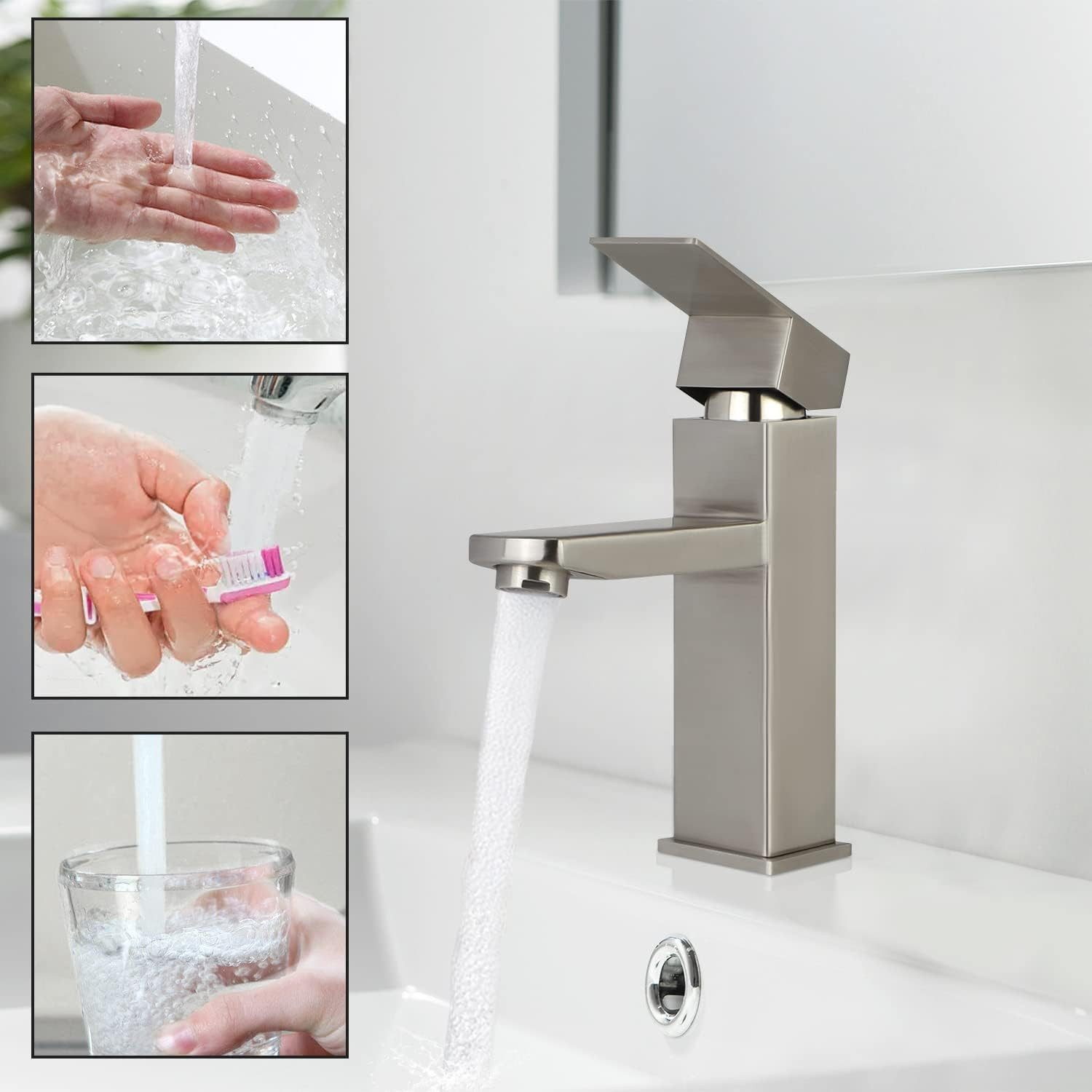 Moderner silberner Wasserhahn mit fließendem Wasser. Hände benutzen Wasser, putzen Zähne, füllen Glas.