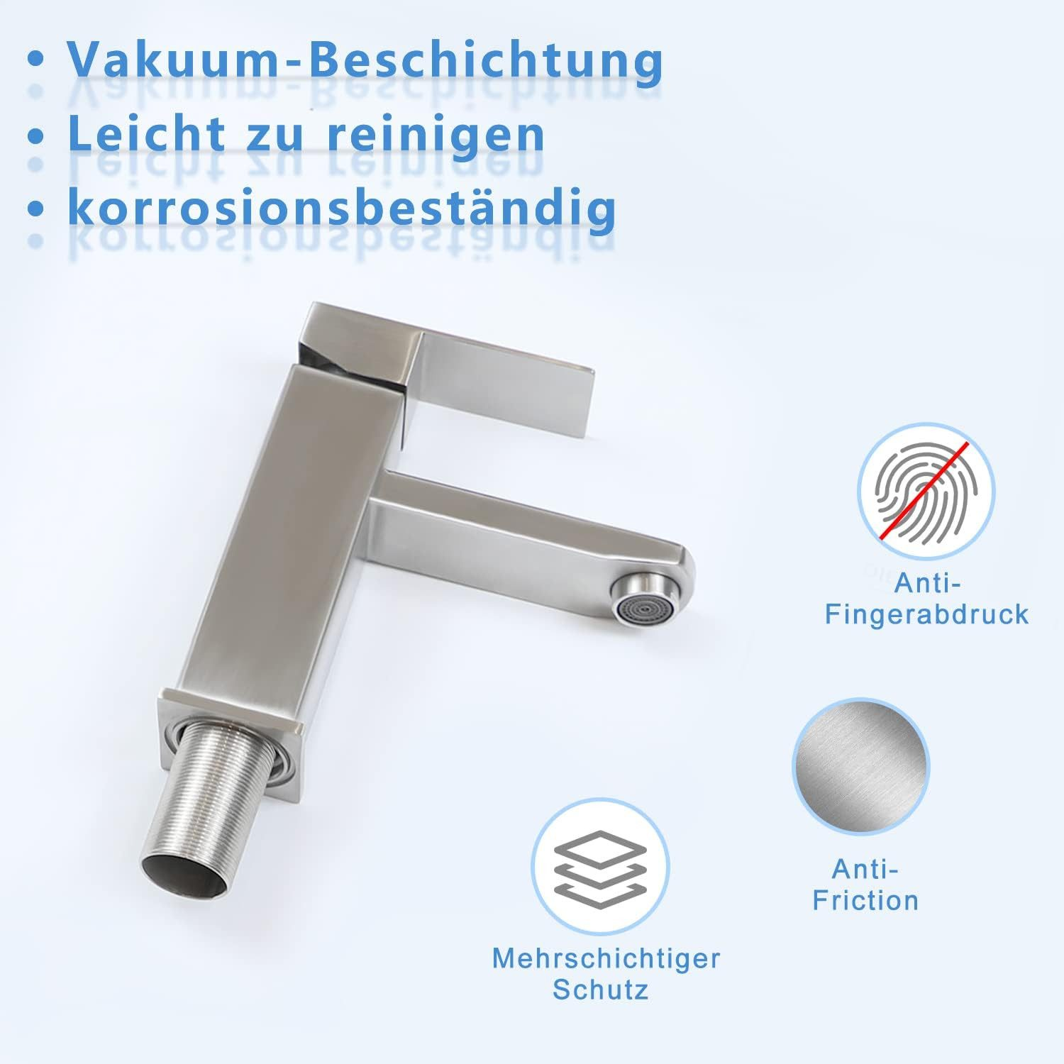 Ein silberner, moderner Wasserhahn vor hellblauem Hintergrund. Merkmale sind Anti-Fingerabdruck, Mehrschichtschutz und Anti-Reibung.
