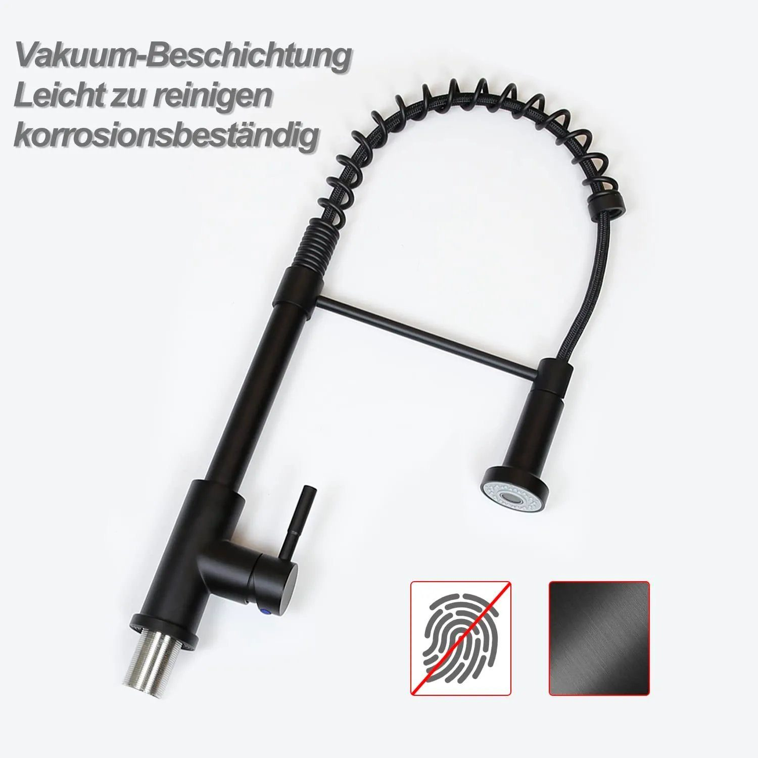 Schwarze Küchenarmatur mit flexiblem Auslauf, weißer Hintergrund.