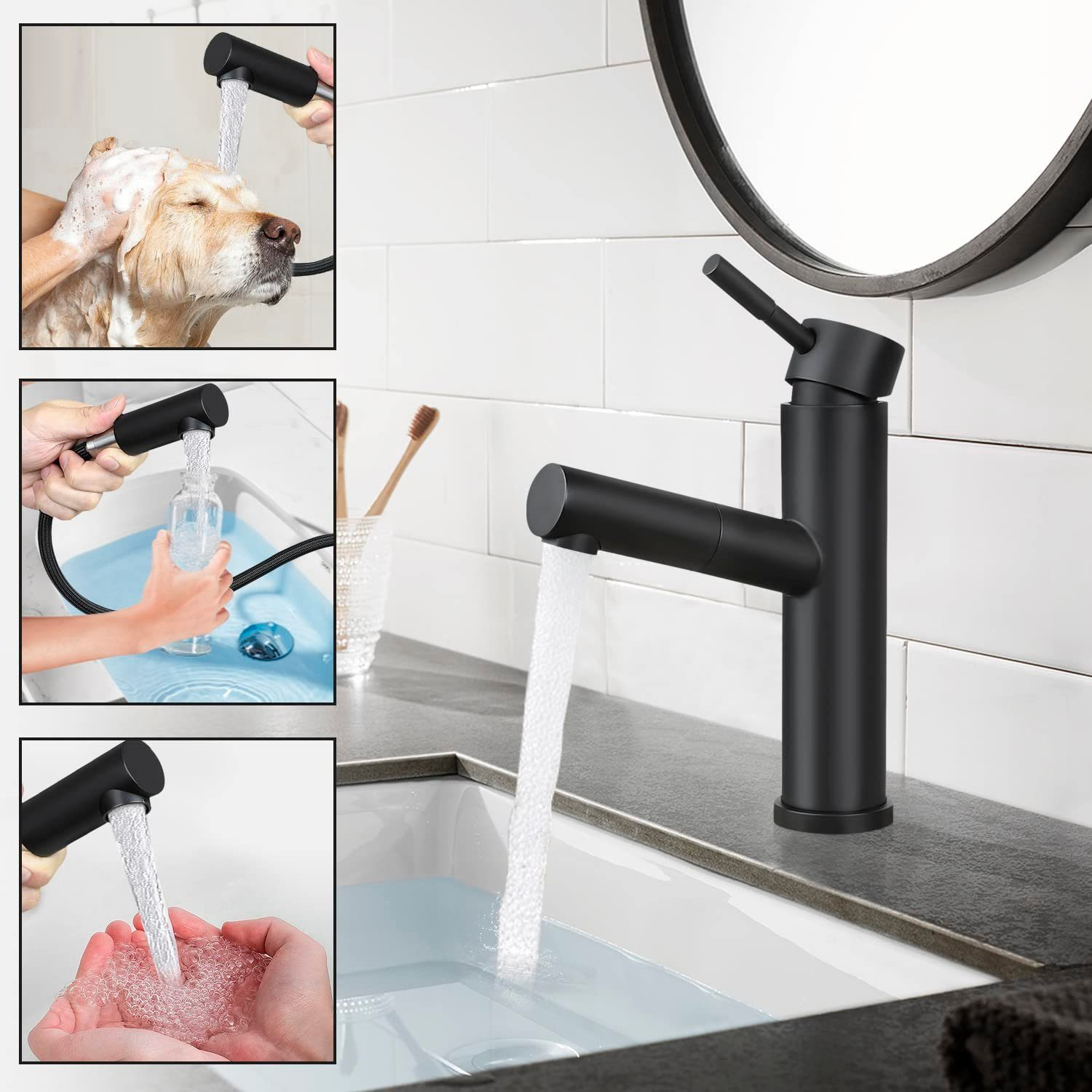 Badezimmer-Szene mit schwarzem Wasserhahn über einem Waschbecken. Bilder zeigen Hundebad und Händewaschen.