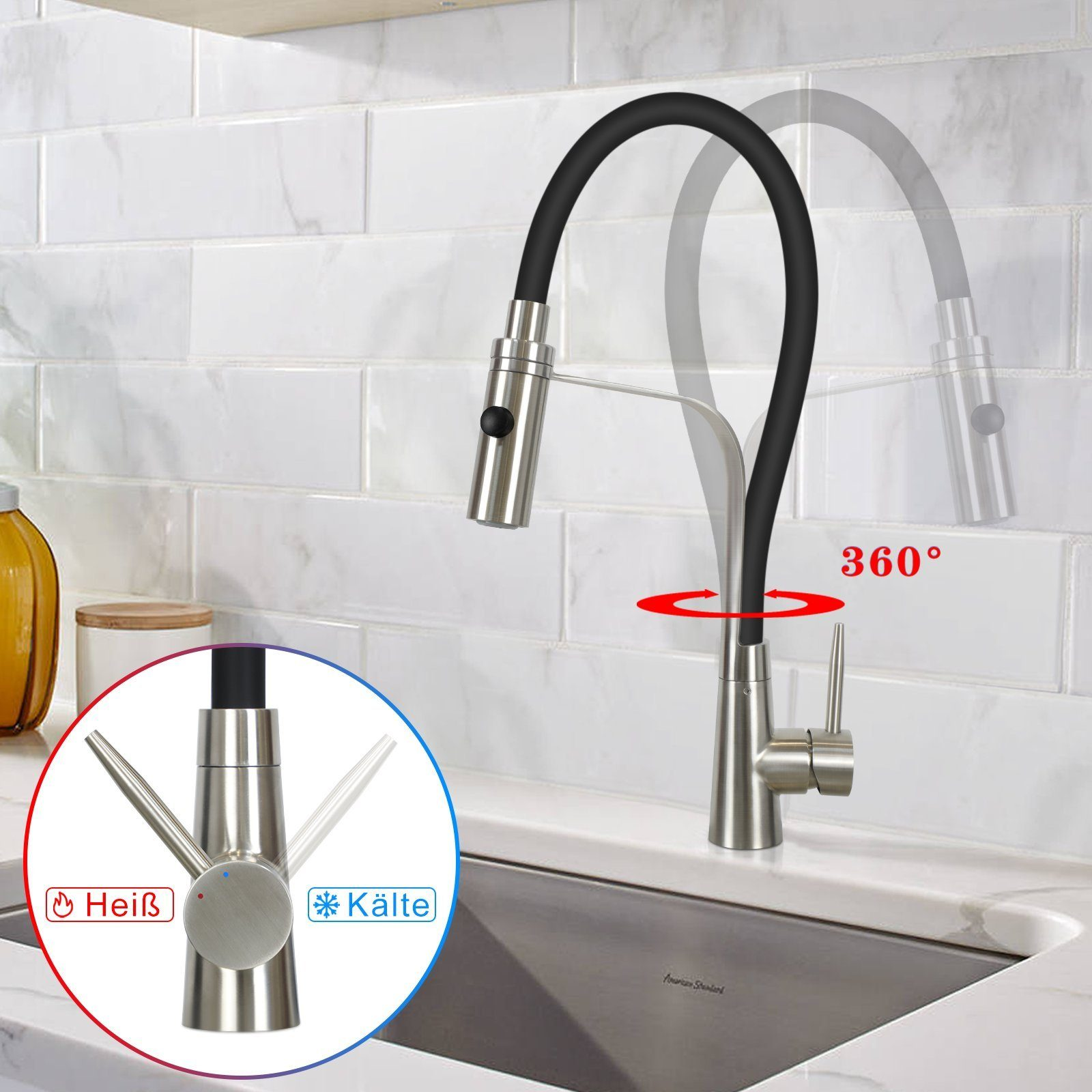 Bateria kuchenna z czarnym elastycznym wylewem, chromowanym wykończeniem i obrotem 360 stopni.