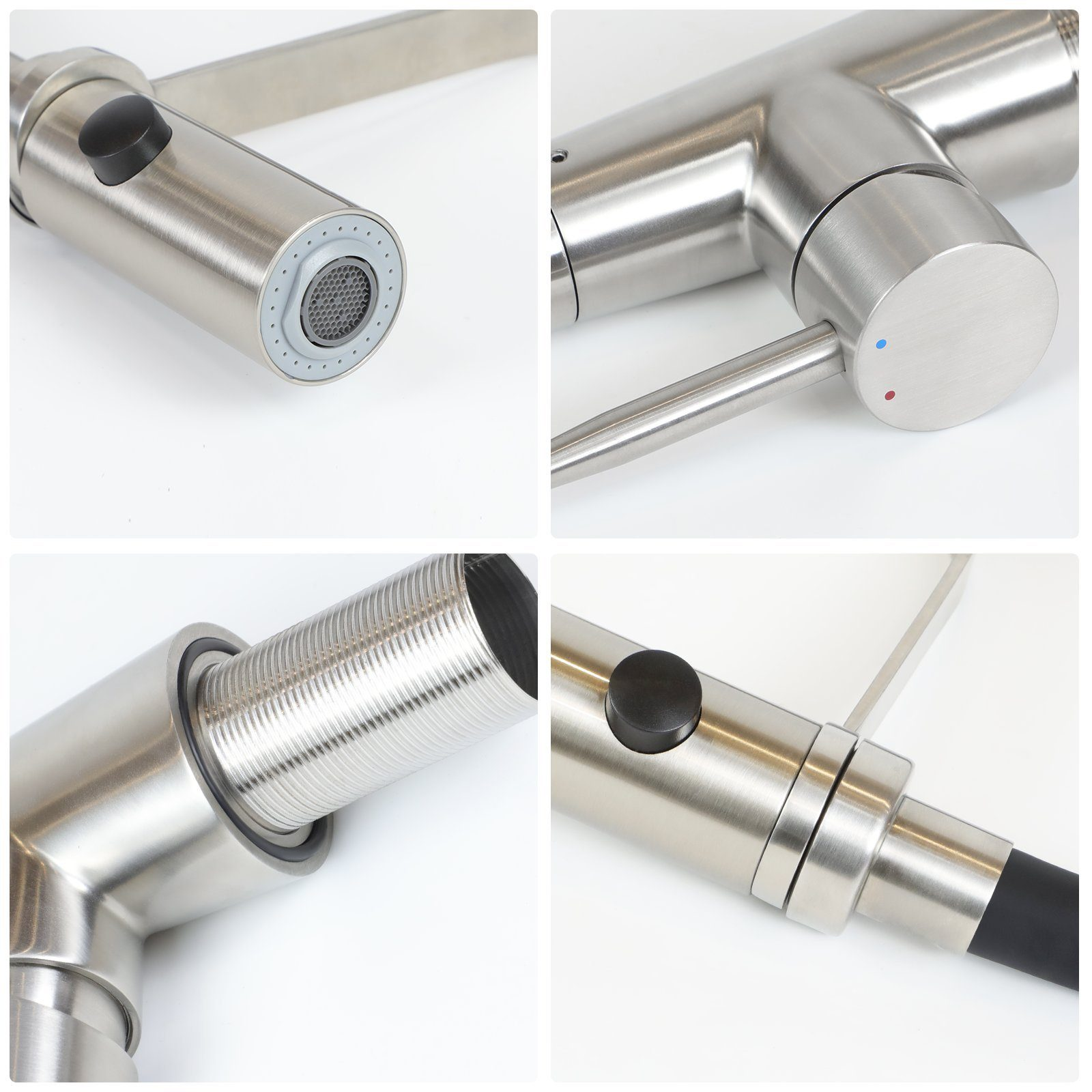 Zbliżenia stalowej baterii kuchennej, pokazujące różne części i szczegóły.