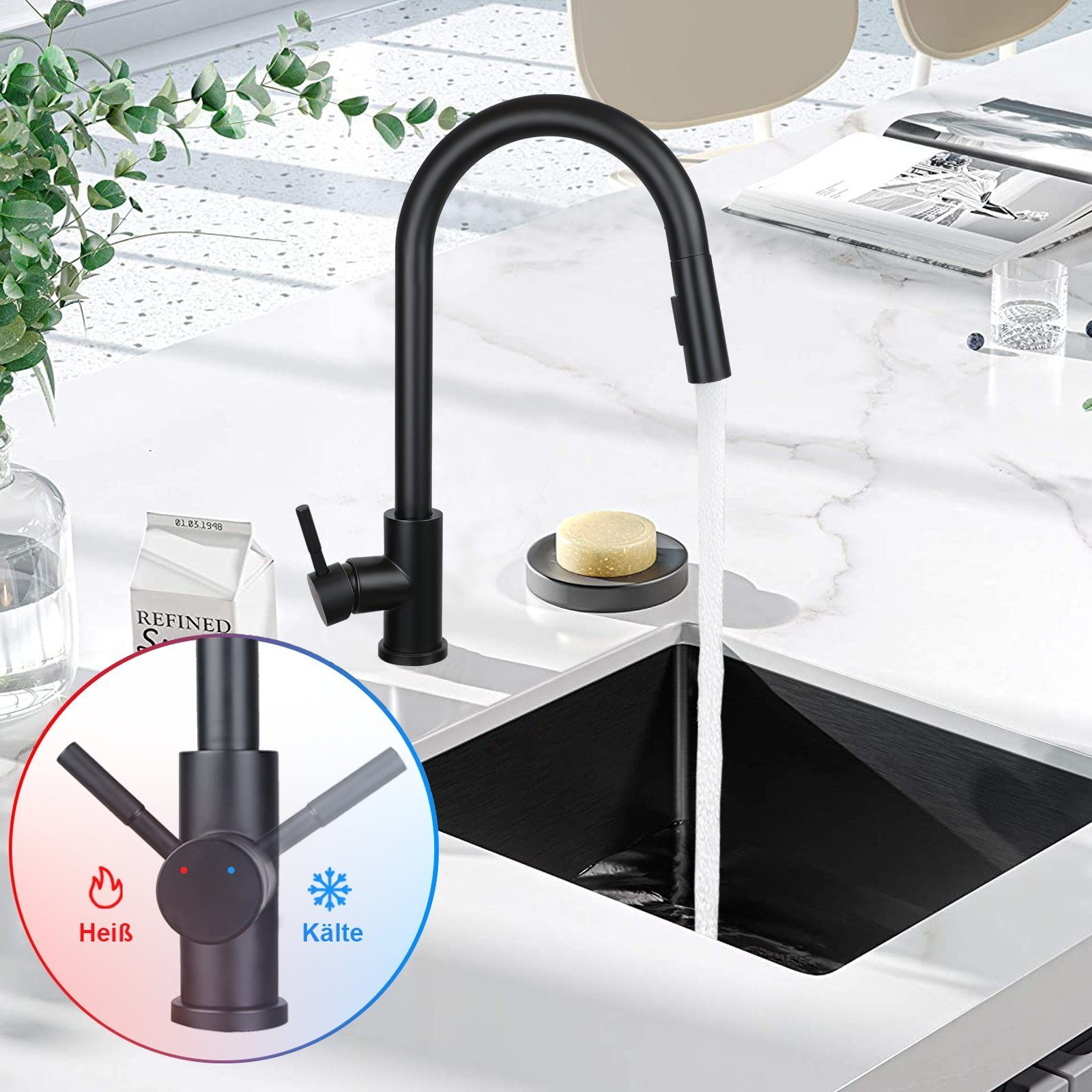 Schwarze Küchenarmatur mit Wasserstrahl und Warm-/Kaltwasserreglern.