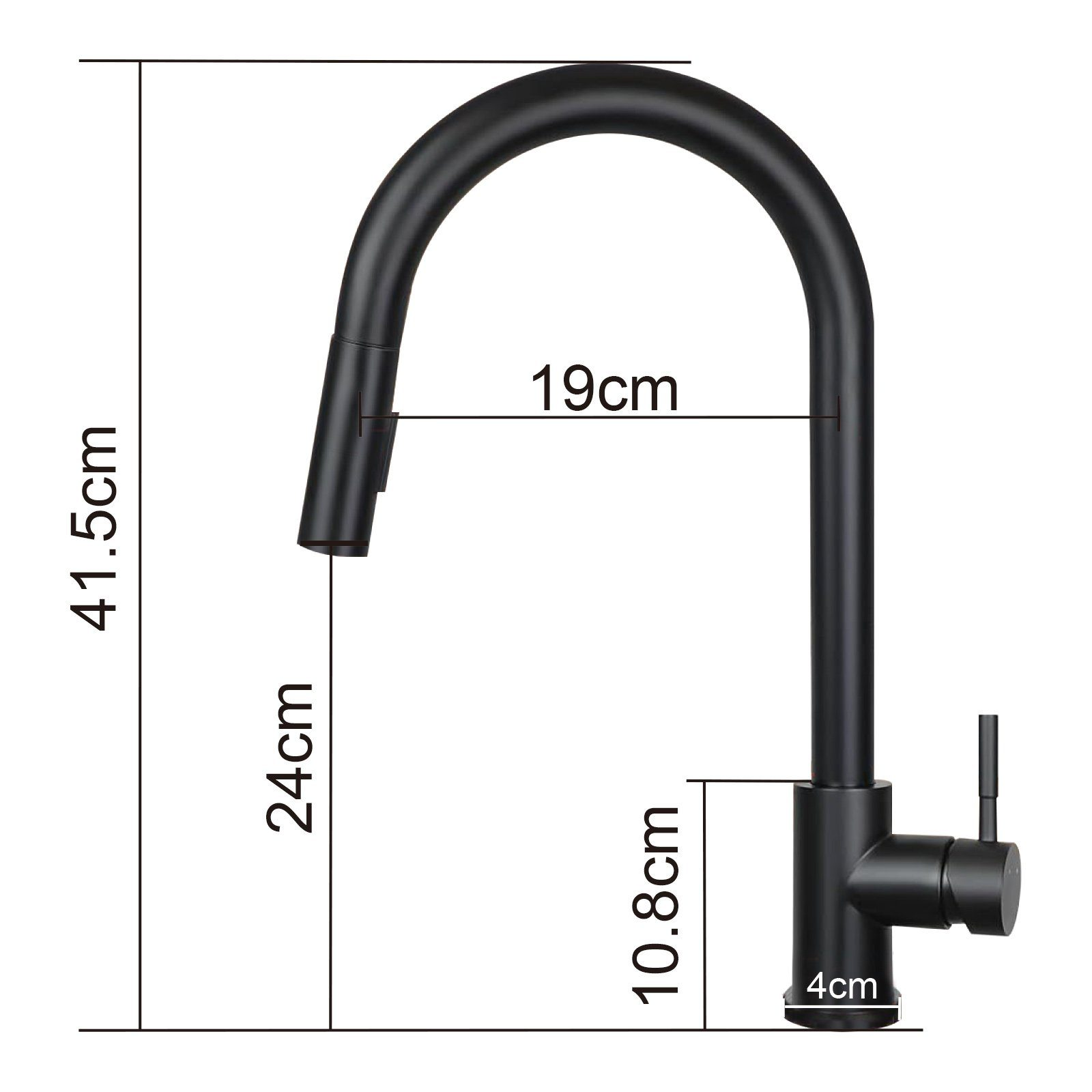 Eine schwarze Küchenarmatur mit auf dem Bild beschrifteten Abmessungen.