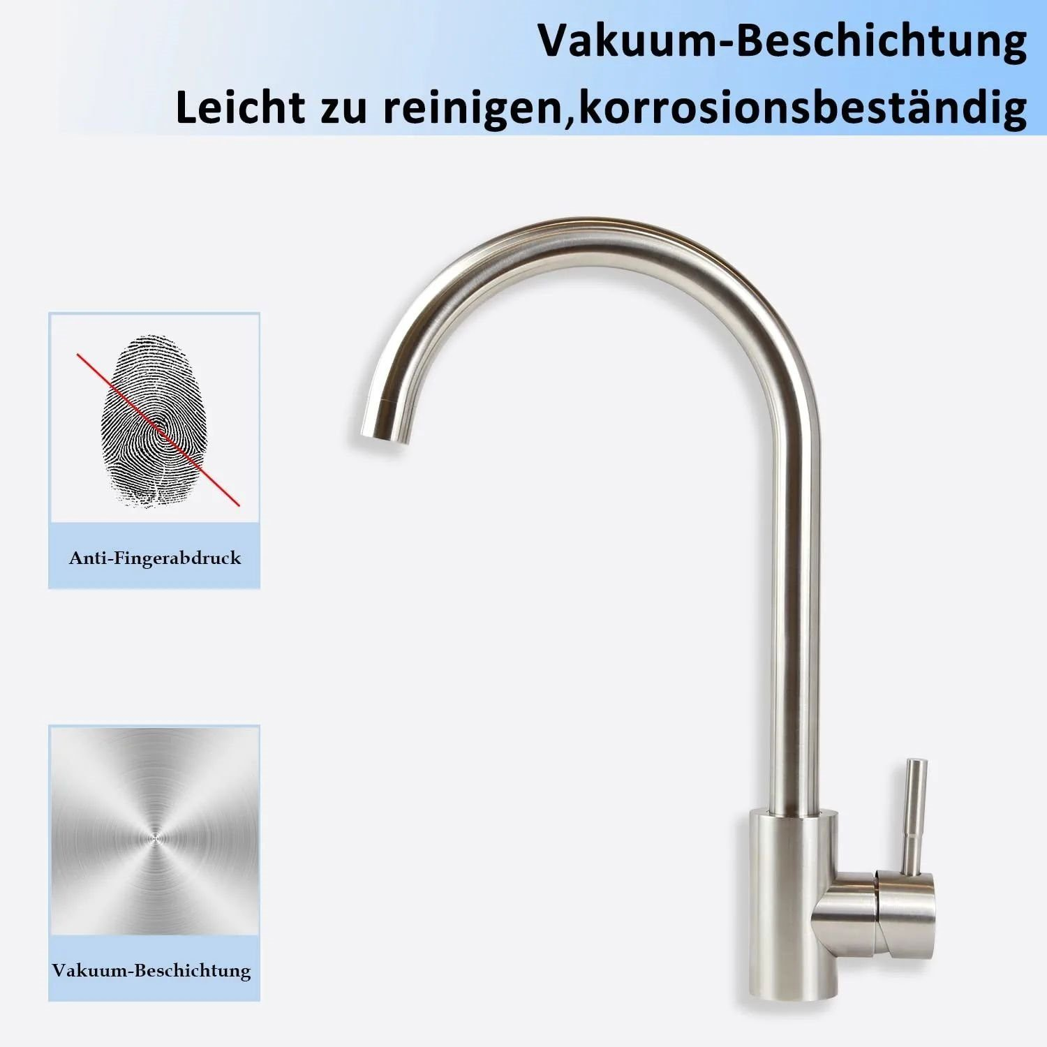 Eine Edelstahlarmatur mit gebogenem Auslauf und Hebel, mit Text und Grafiken.