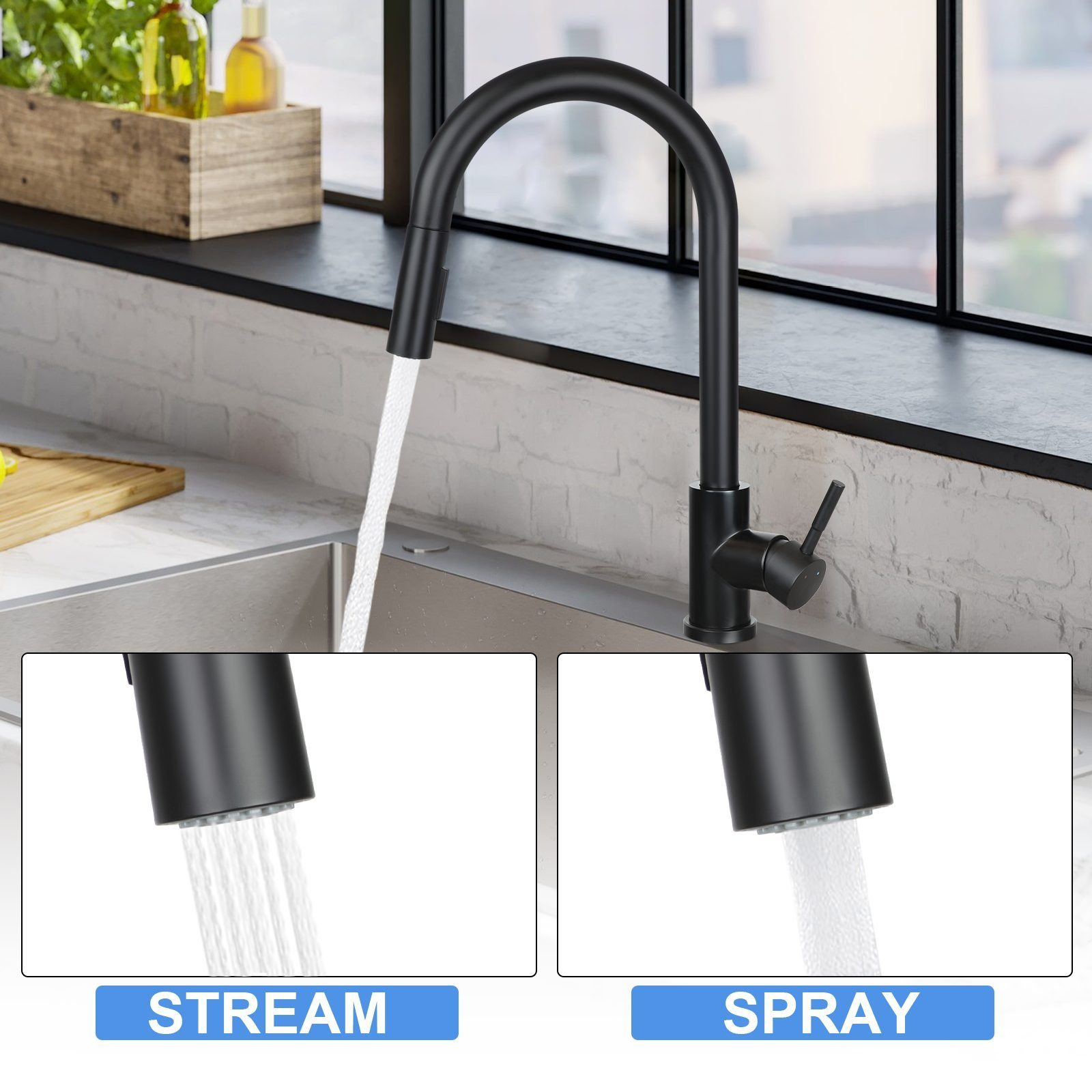 Eine schwarze Küchenarmatur mit fließendem Wasser. Stream- und Spray-Optionen werden angezeigt.