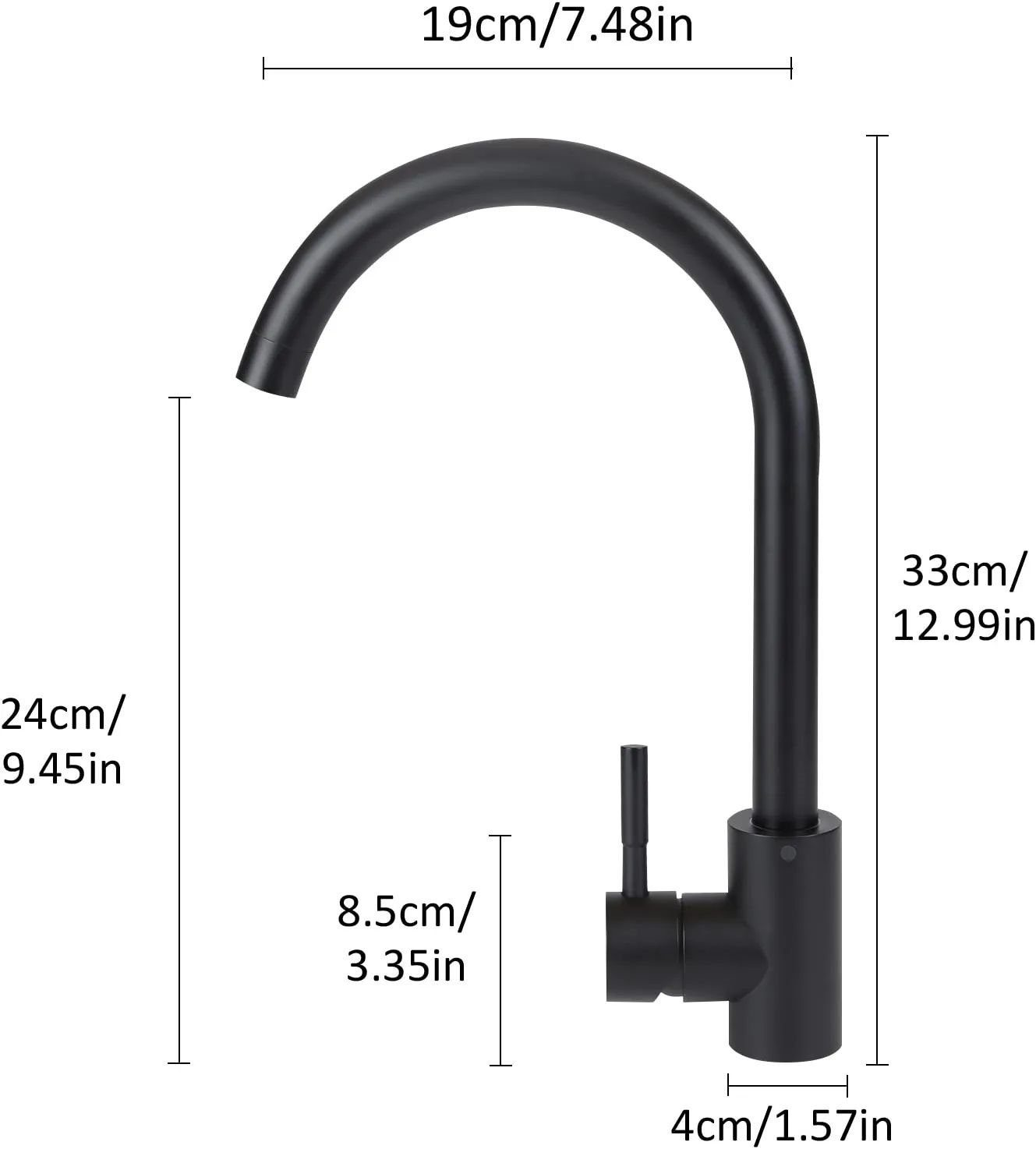 Schwarze Küchenarmatur mit Maßen in cm und Zoll für Höhe und Reichweite.