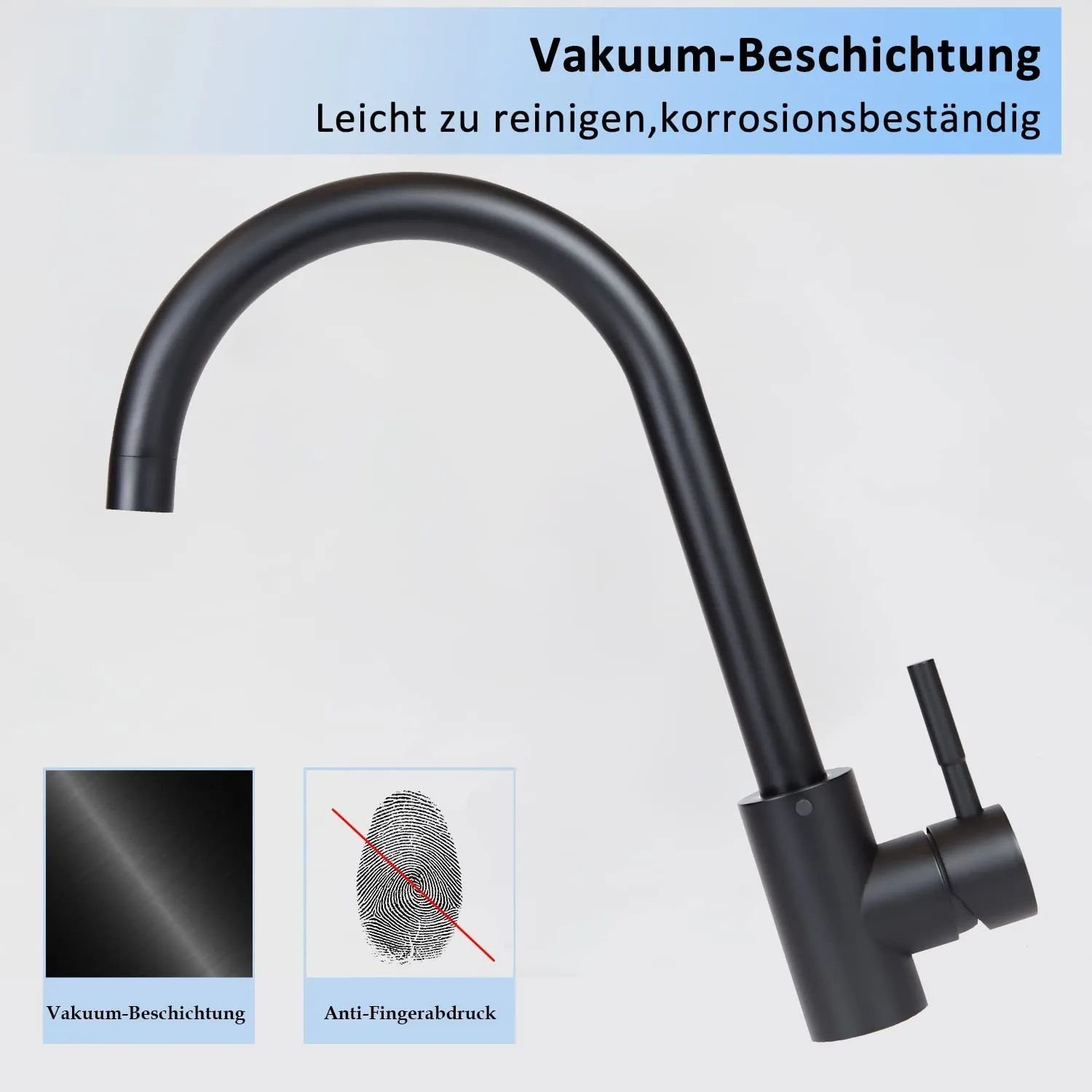 Ein schwarzer Wasserhahn mit gebogenem Auslauf. Es hat ein mattes Finish und Anti-Fingerabdruck-Technologie.