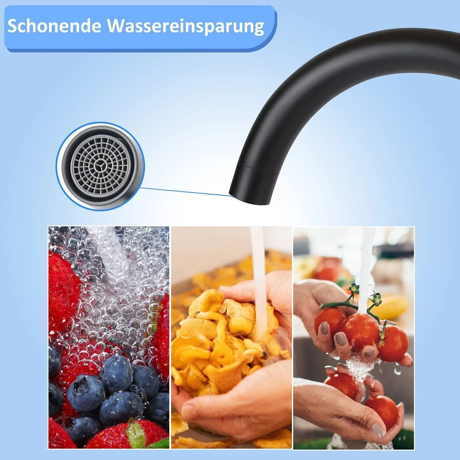 Wasser über Beeren, Pilzen und Tomaten fließend.