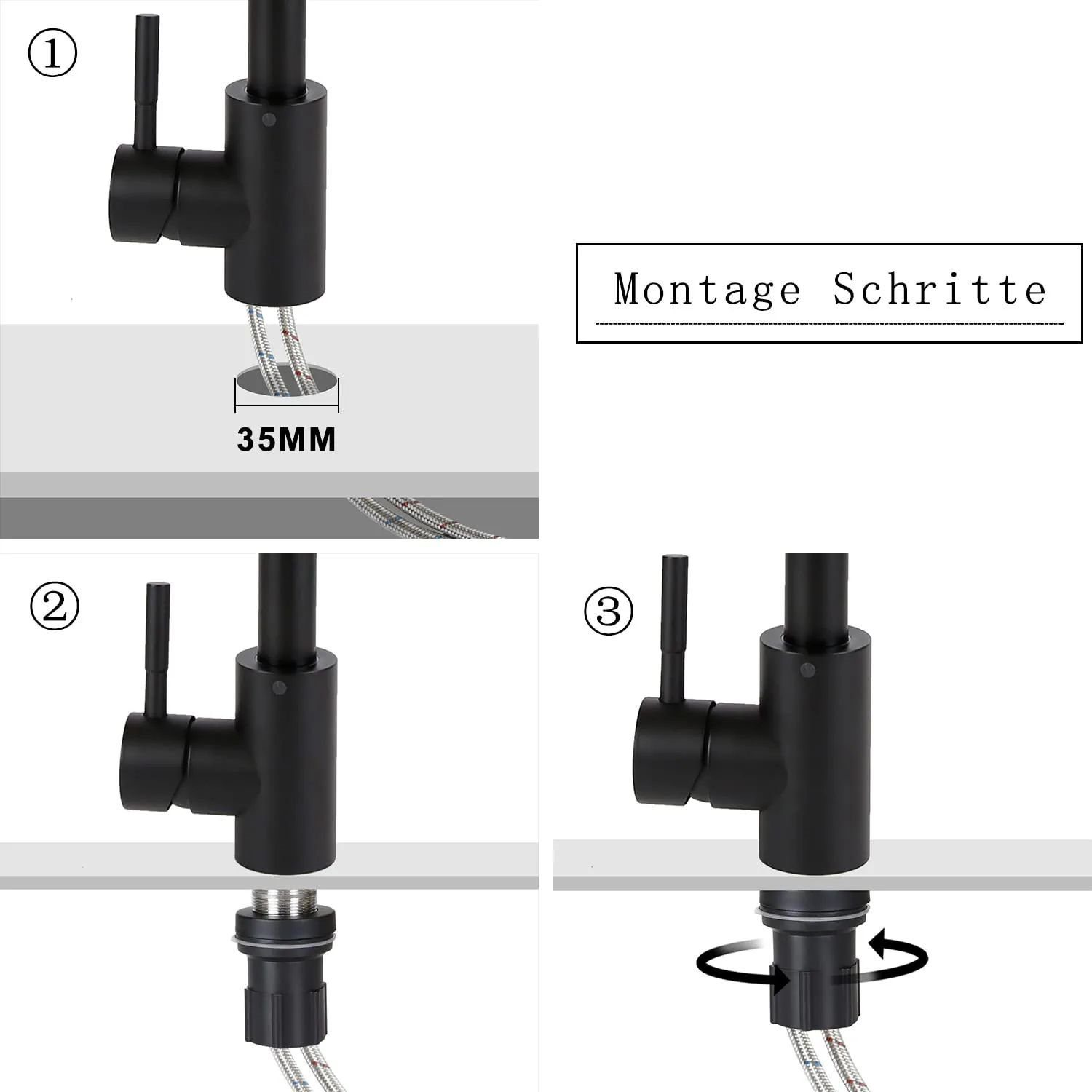 Schwarze Küchenarmatur Montageanleitung, zeigt Installationsschritte mit Text 'Montage Schritte'.
